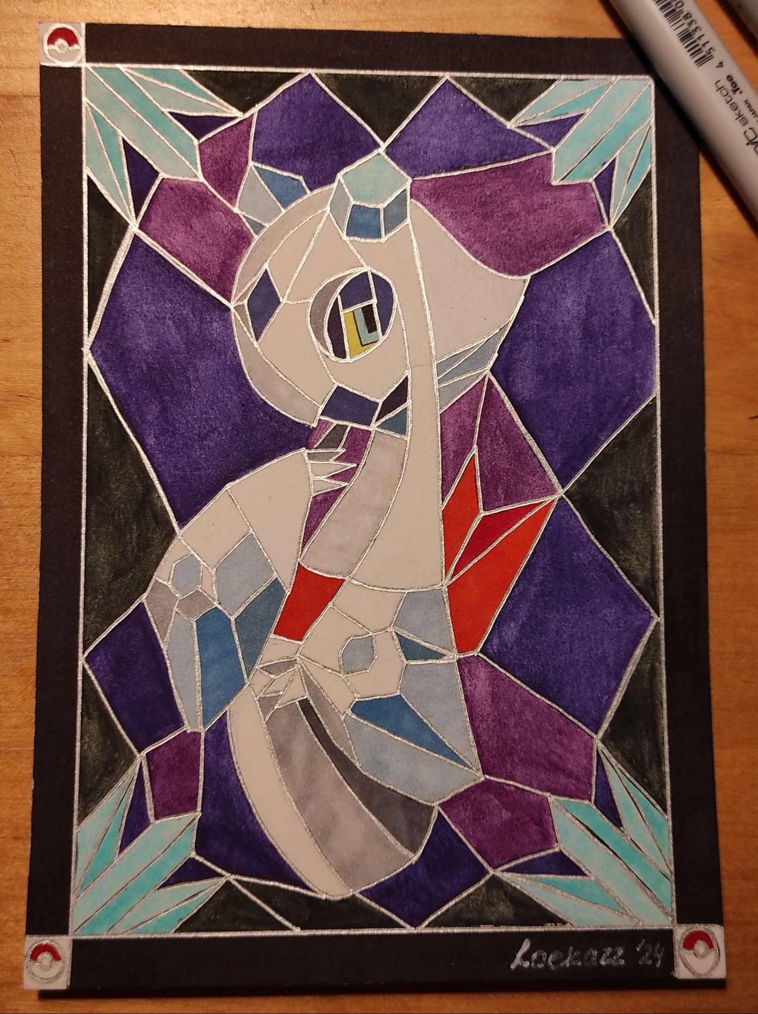 Fanart of the Pokemon Froslass. The art is done traditionally with copic markers and inktense watercolour pencils in a stained glass like style.