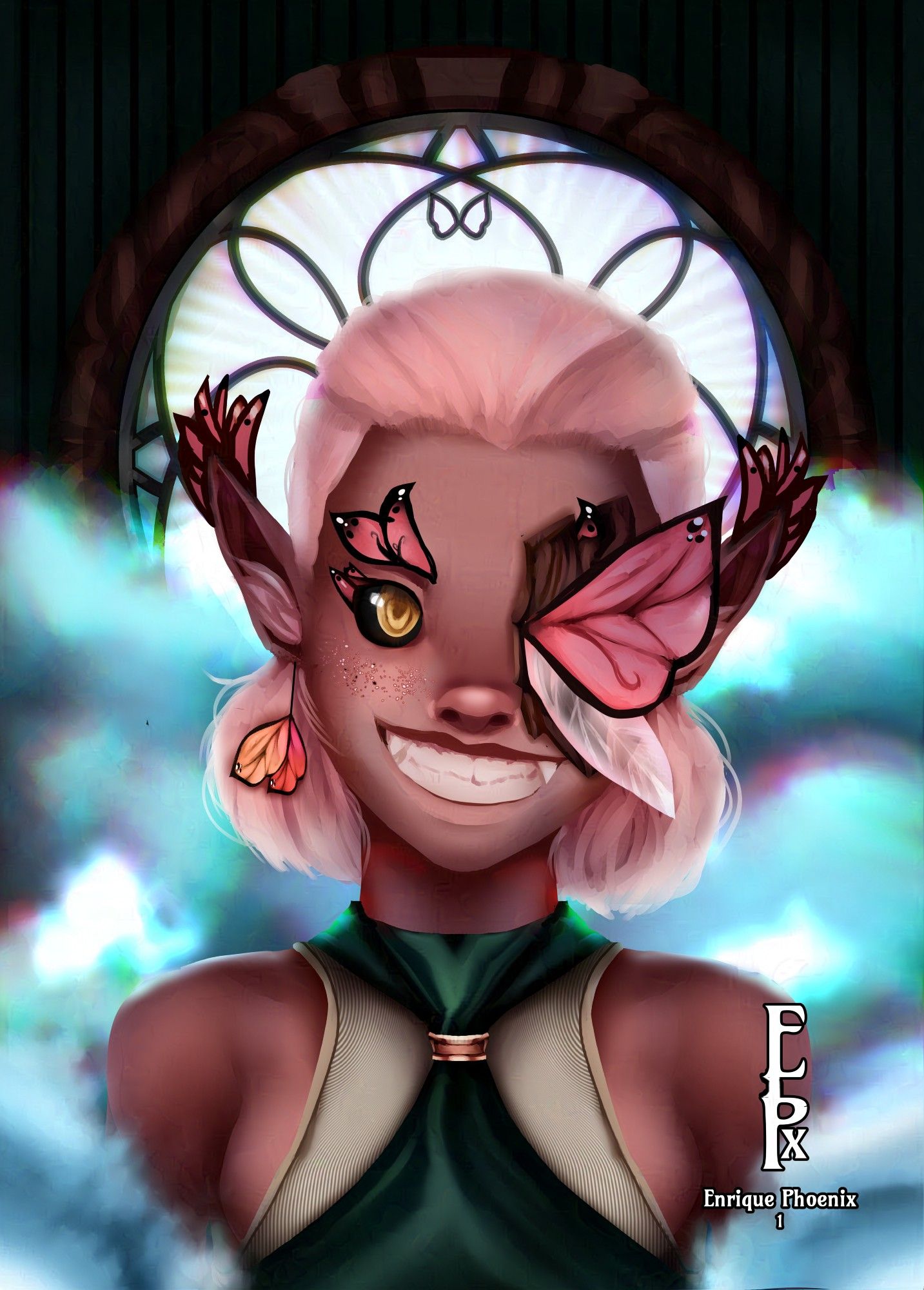 Portrait of a dark skin humanoid with pointy ears and pale pink hair.

Both the top of their ears and their eyebrows look like multiple butterfly wings. They are grinning, and you can see fangs to the side of their smile. They have one single visible eye with a golden iris and black sclera. The other eye is covered by a wooden mask that has a huge monarch butterfly wing on top of a dragonfly wing coming out of the wood.

The background is full of clouds, but you can see a round window framing their face.