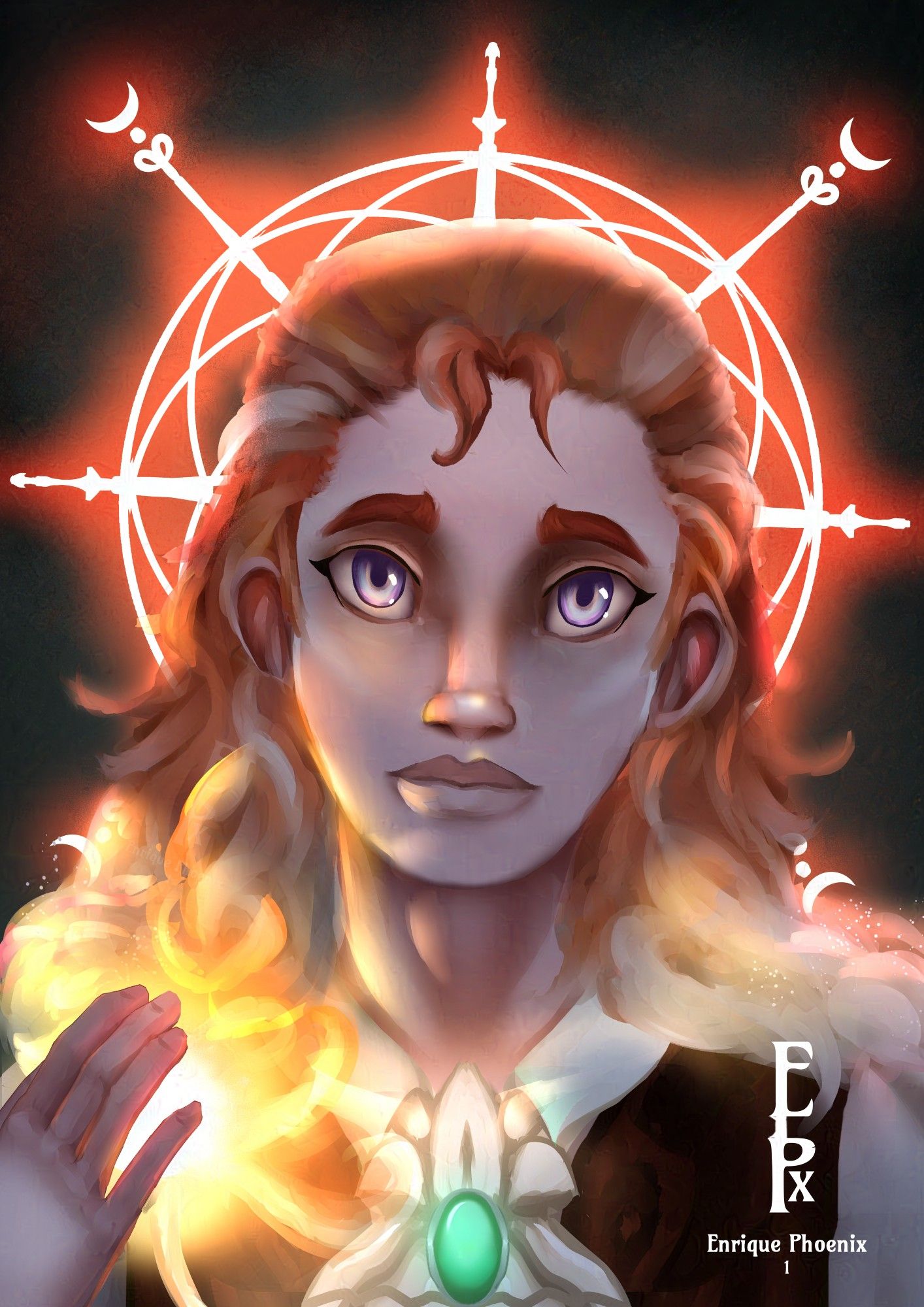 A portrait of Accui Olimspark, a pale sorcerer with pale blue eyes, long ginger hair that has silvery white strands all across, whose ends dissolve into mist, wearing a brow vest, white shirt and white cravat supported by a green gem on it. He's backlit by an orangey-red glow that comes from a halo and has a source of golden light coming from the palm of his hand