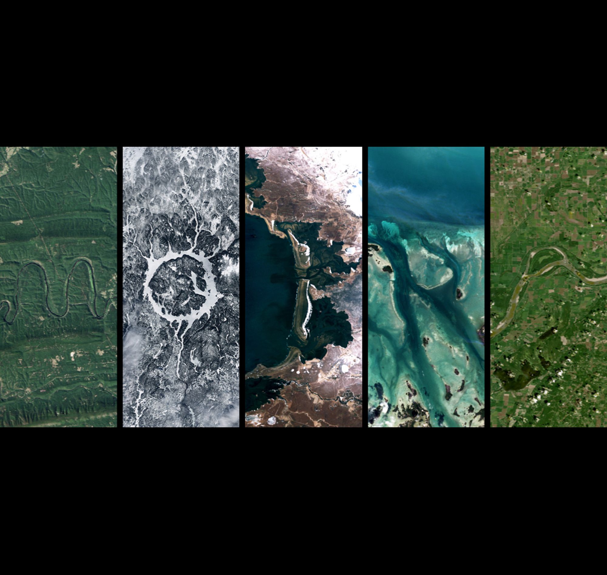 Moira spelled out in satellite imagery from Potomac River, Shenandoah, Virginia, USA; Manicouagan Reservoir, Quebec, Canada; Borgarbyggð, Iceland; Islamorada, Florida, USA; Mississippi River, Hickman, Kentucky, USA