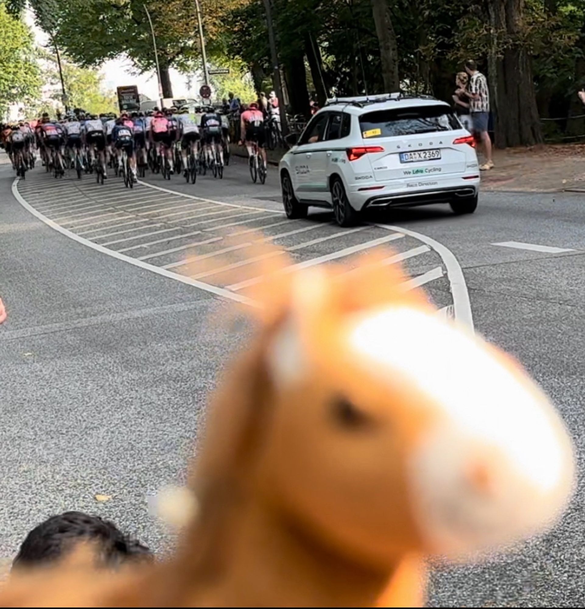 1 kleines Plüschpony vorne vor einer großen Rennradfahrer-Gruppe (Peloton?) der Cyclassics in Hamburg auf der Elbchaussee. 1 Begleitfahrzeug ist hinter dem Feld.