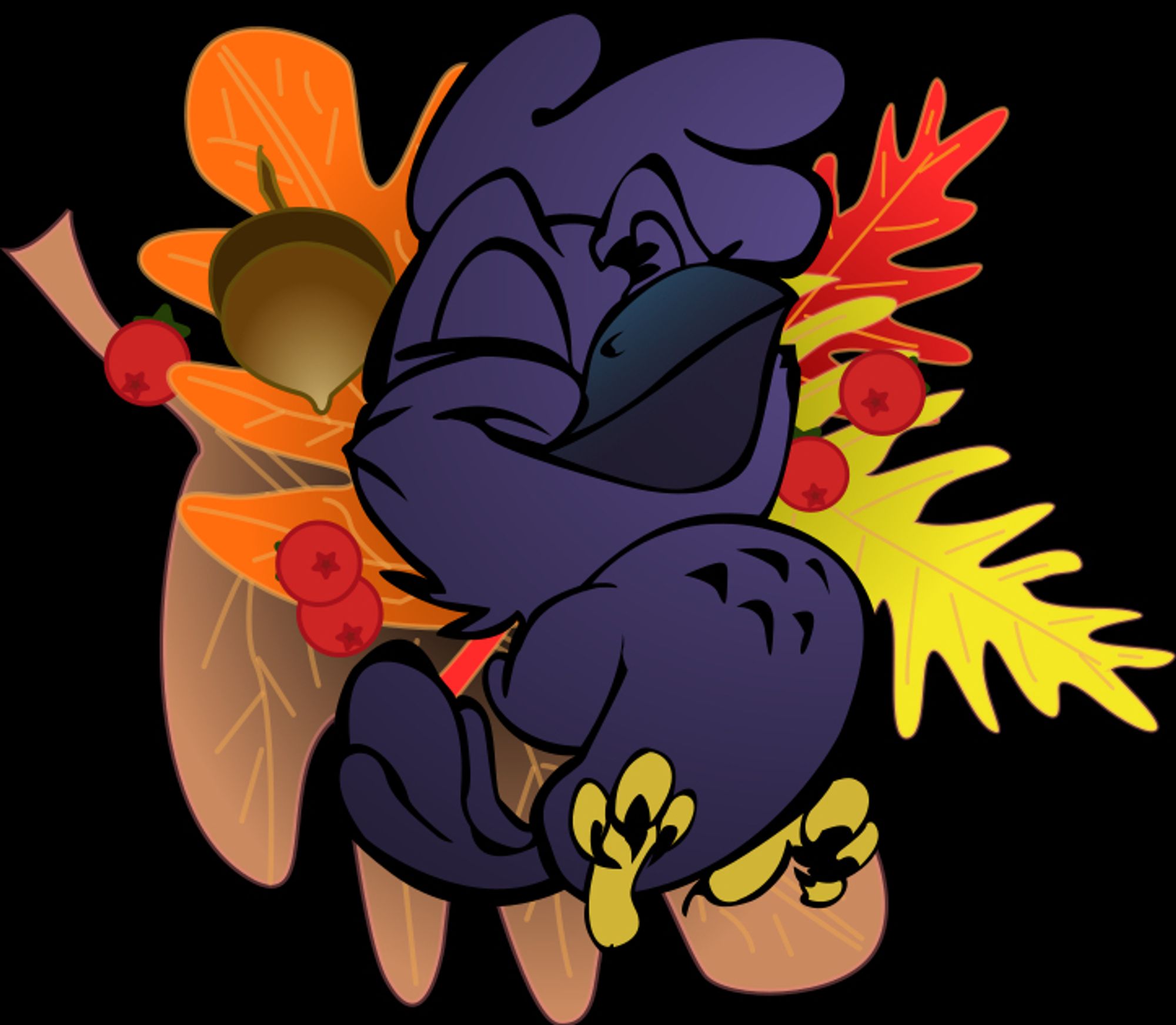 Fluffed up raven, chest puffed out, in front of maple leafs, acorns and other fall leafs