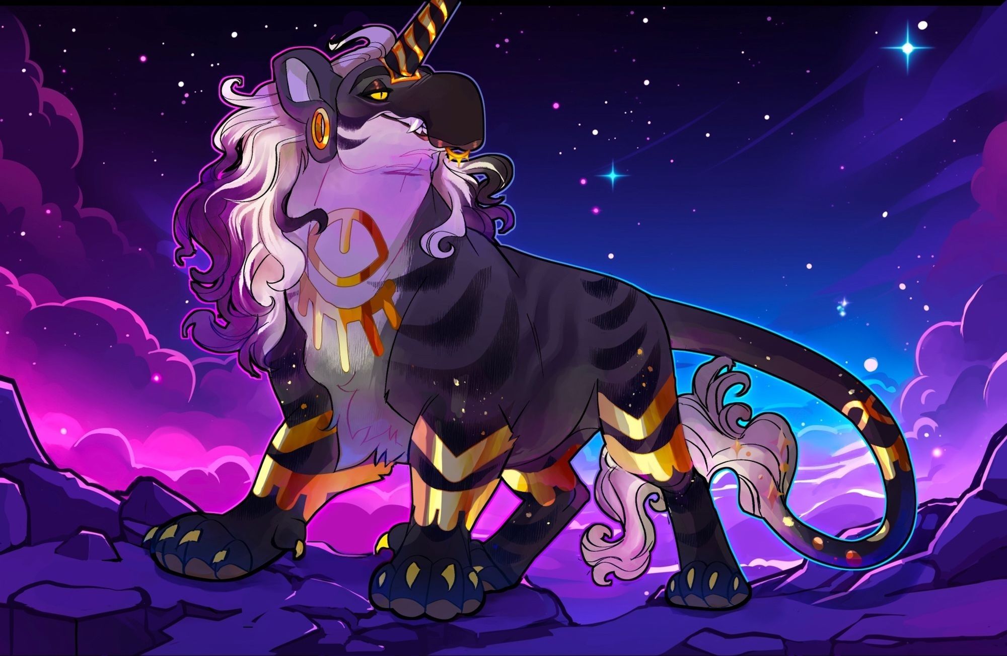 Creature with lion like body, paws and tail with tapir like head with a gold glided horn. Gold accents on the legs, chest and tail. Background in a rocky terrain with purple clouds against a blue night sky.