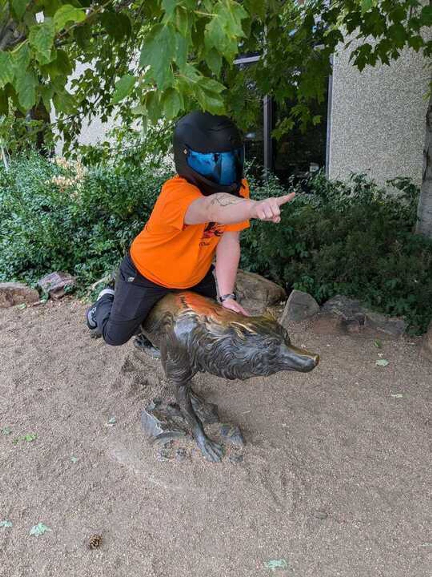 Smoll wolf in orange shirt and black motorcycle helmet riding a iron wolf statue