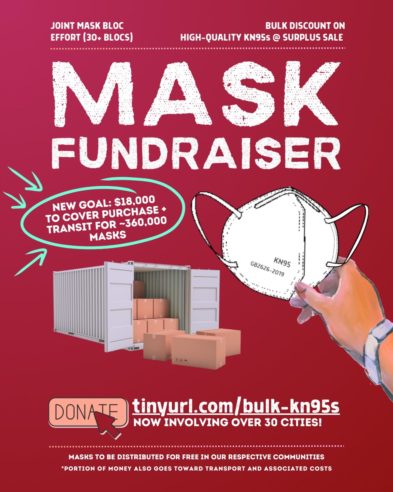 Flyer with berry red background and an orange and white color scheme. Text at the top says “Mask Fundraiser. Joint mask bloc effort (30+ blocs). Bulk discount on high-quality KN95s at surplus sale.” Teal green arrows point to text encircled for emphases, the text says “new goal: $18,000 to cover purchase and transit for ~360,000 masks”

Underneath is an image of a large metal shipping container with 10 big visible cardboard boxes. Next to that is an illustration of a hand holding a white respirator with earloop straps that shows the text “kn95 gb2626-2019.”

Near the bottom of the flyer theres a button that says "donate" with a computer cursor hovering over the button. Next to that, text reads “donate: tinyurl.com/bulk-kn95s Now involving over 30 cities! To be distributed for free to all of our communities.” Asterisks mentioned at top of flyer are resolved here, with an asterisk next to text that says “Portion of money also goes toward transport and associated costs.”