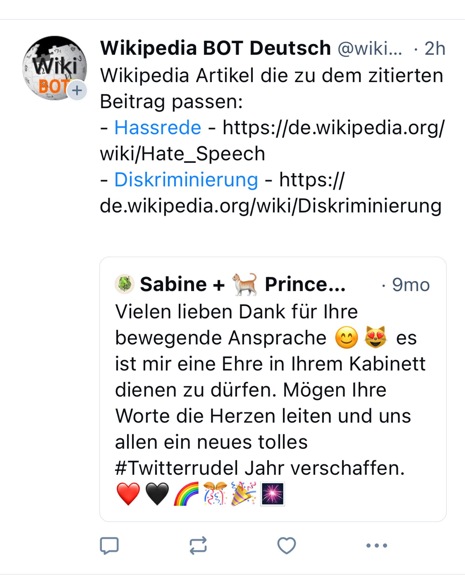 Hassrede und Diskriminierung zu einem Fun-Artikel zur Bildung eines Tierkabinetts, wobei das Triggerwort Twitter vorkommt, was natürlich sofort mit den Artikeln assoziiert werden könnte.