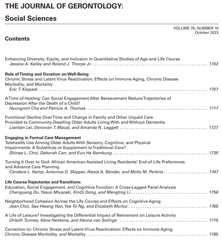 The image shows the Table of Contents for the October 2023 Journal of Gerontology: Social Sciences issue.