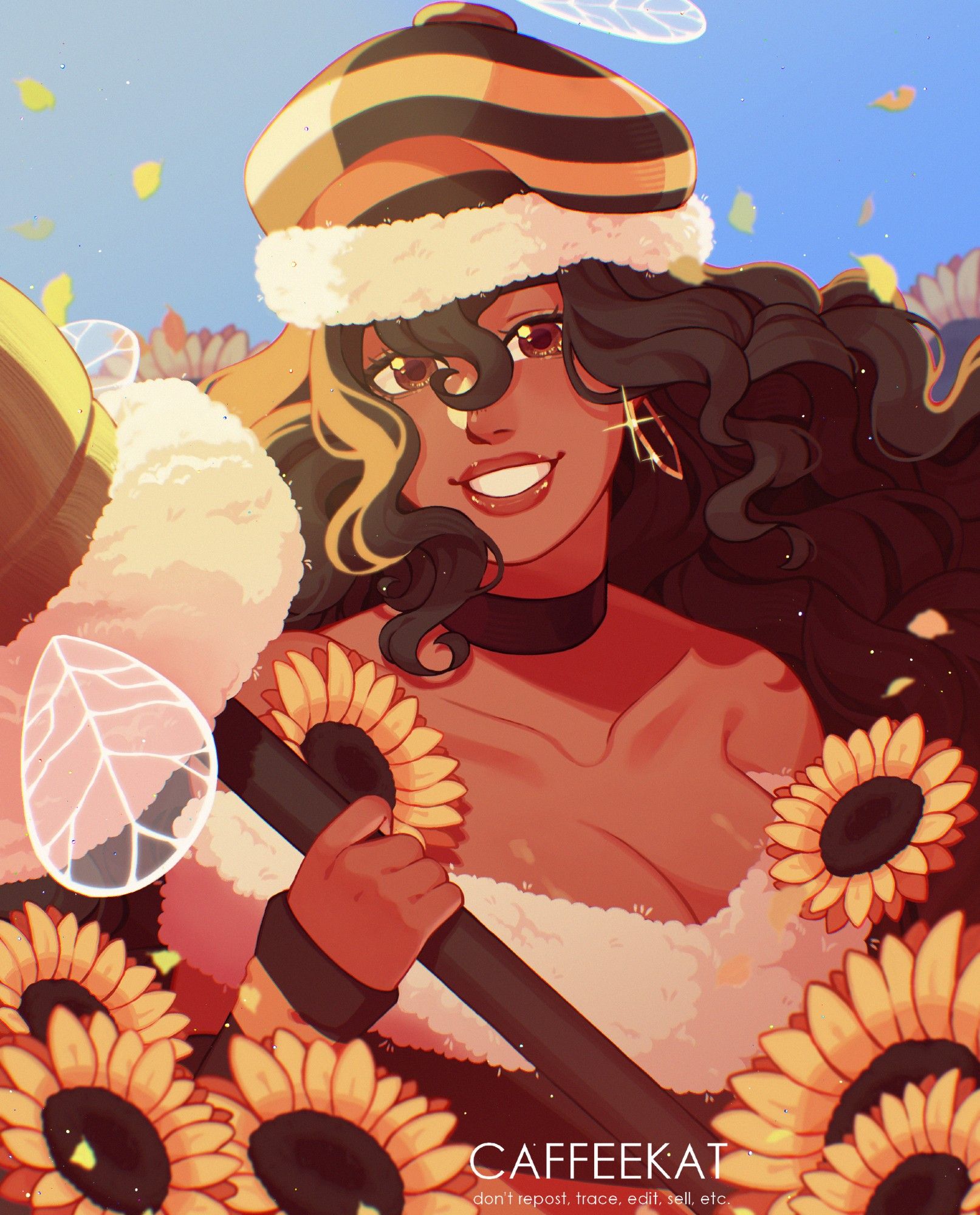 bust drawing of a bee themed girl. she is looking to the left, almost at the viewer, with sweet eyes and a big sunny smile. she has dark skin and even darker curly hair, her hair is very voluminous and flows in the wind. harsh sunlight hits her from the top left corner, almost making her glow. she stands on a sunflower field, some of them in front of her.