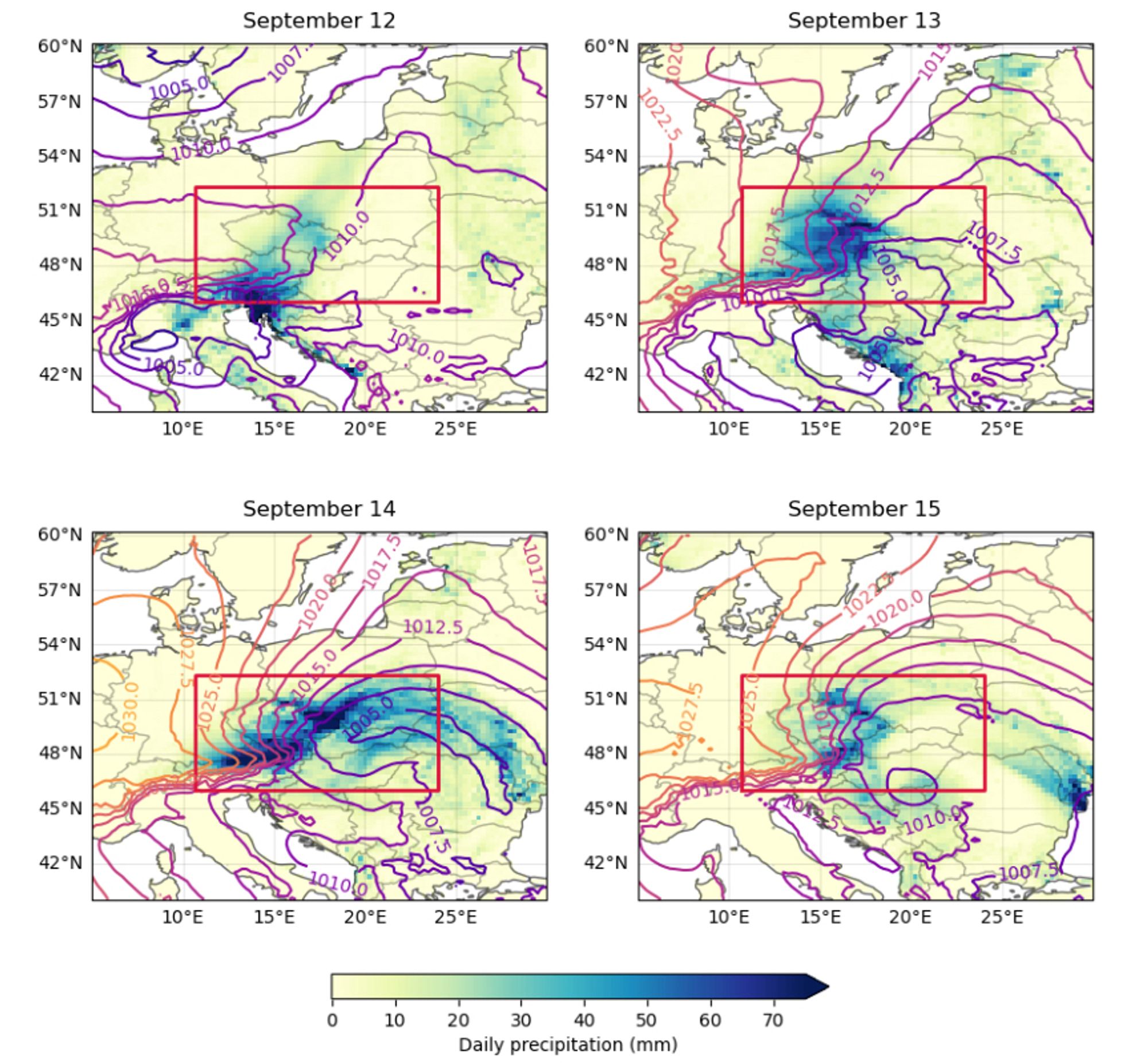 Four panels of rainfall amount in central Europe