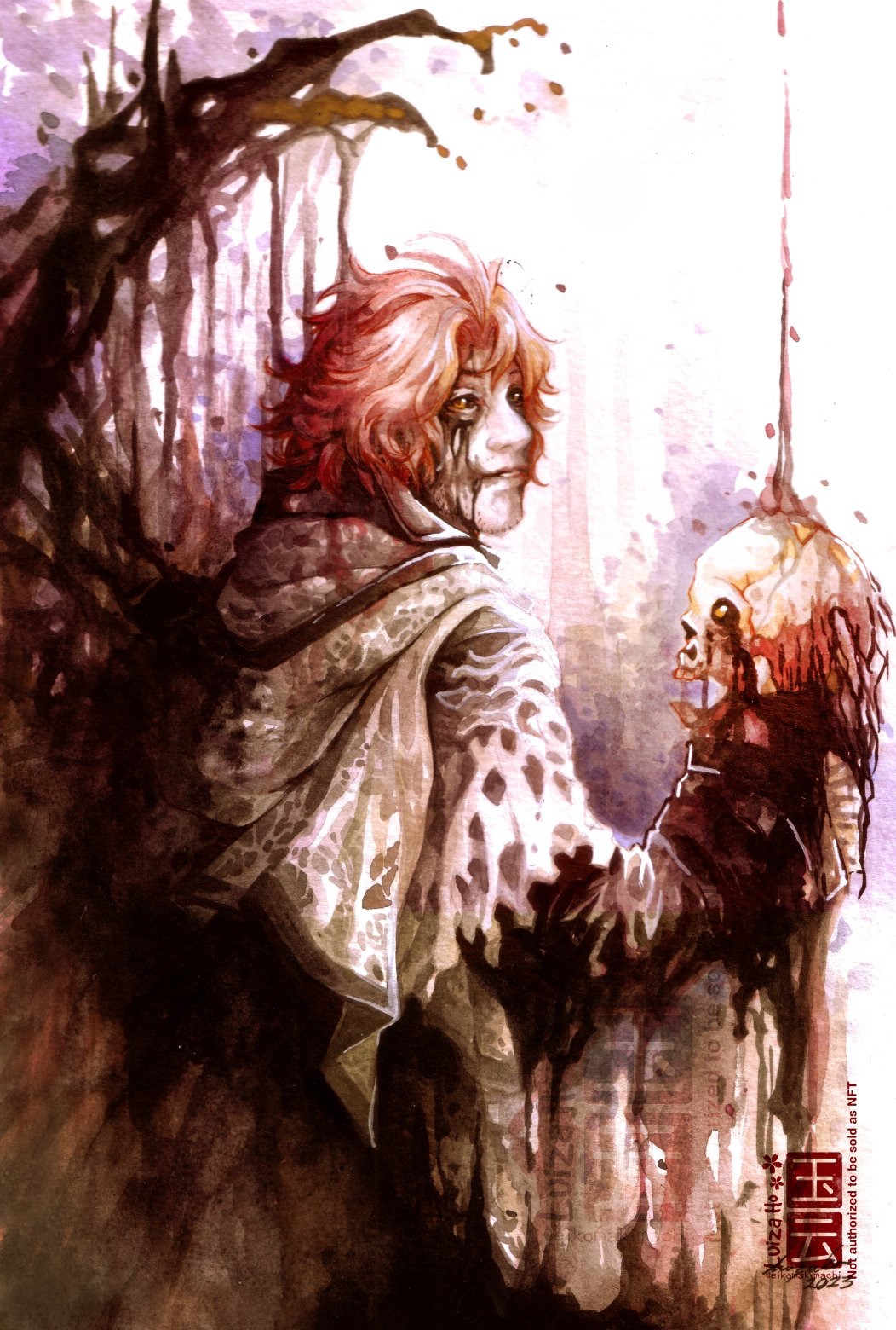 Watercolor of Ardyn completely taken by the Scourge holding a skull