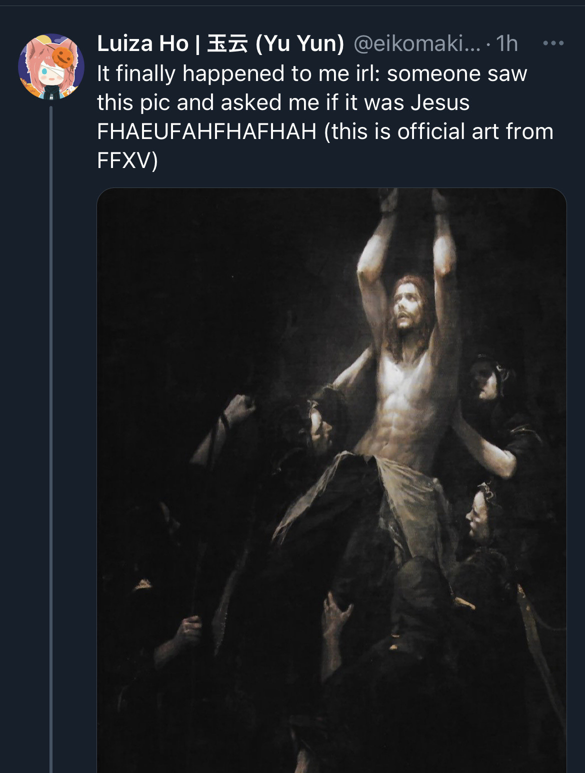 Print from a tweet saying "It finally happened to me in real life: someone saw this pic and asked me if it was Jesus (this is official art from Final Fantasy 15)" with an image of Ardyn Izunia being imprisoned in Angelgard