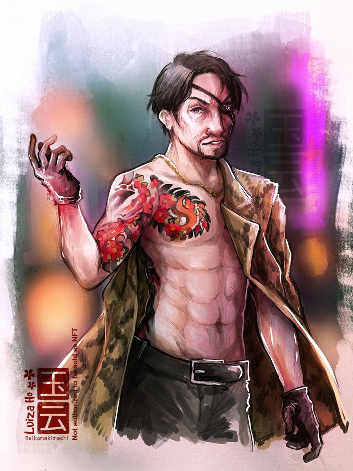 Digital drawing of Goro Majima from the game Like a Dragon (Yakuza). He is a Japanese man with lean build, black hair istyled into a side part that hangs to the tops of his ears, with the rest being shaved into an undercut. He also sports a full goatee. He wearing black gloves, eyepatch over left eye and pants with a belt. He is not wearing any shirt, and has his green leather coat hanging from his left shoulder. He has the chest tattooed.