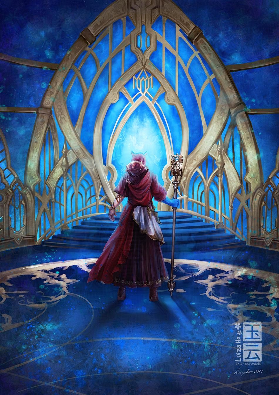 Digital painting of Crystal Exarch showing his back to the viewer and looking at the portal inside the Crystal Tower - Final Fantasy 14