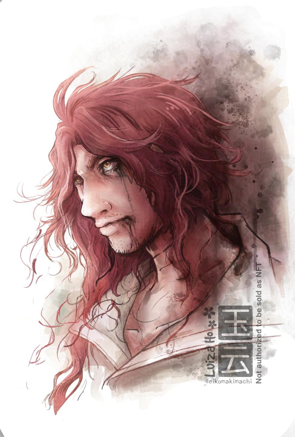 Portriat of a red-haired man with long wavy hair cut uneven, looking upwards with black tears running from his eyes