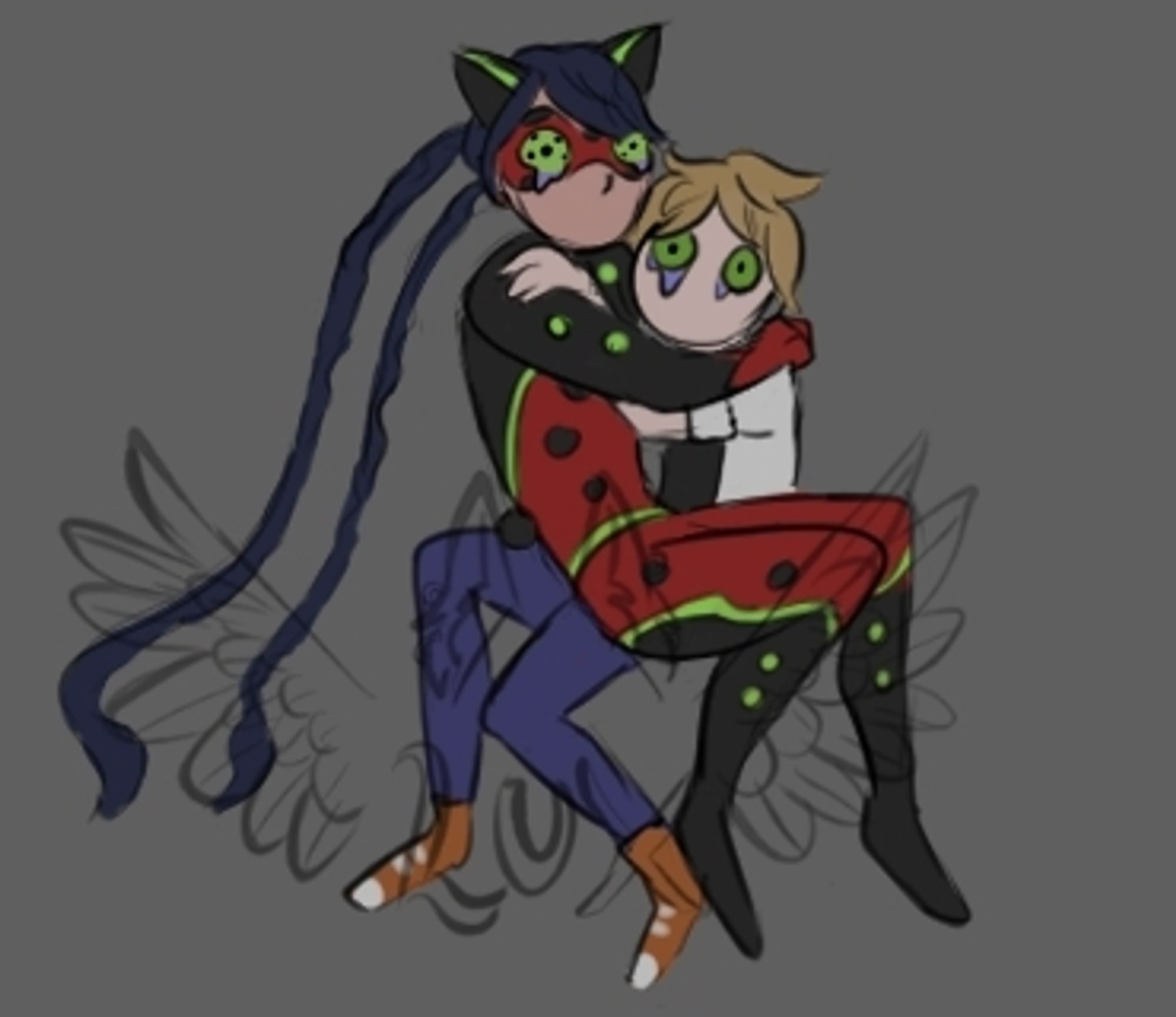 A digital drawing of Bug Noire and Adrien Agreste clinging to each other; they look traumatised