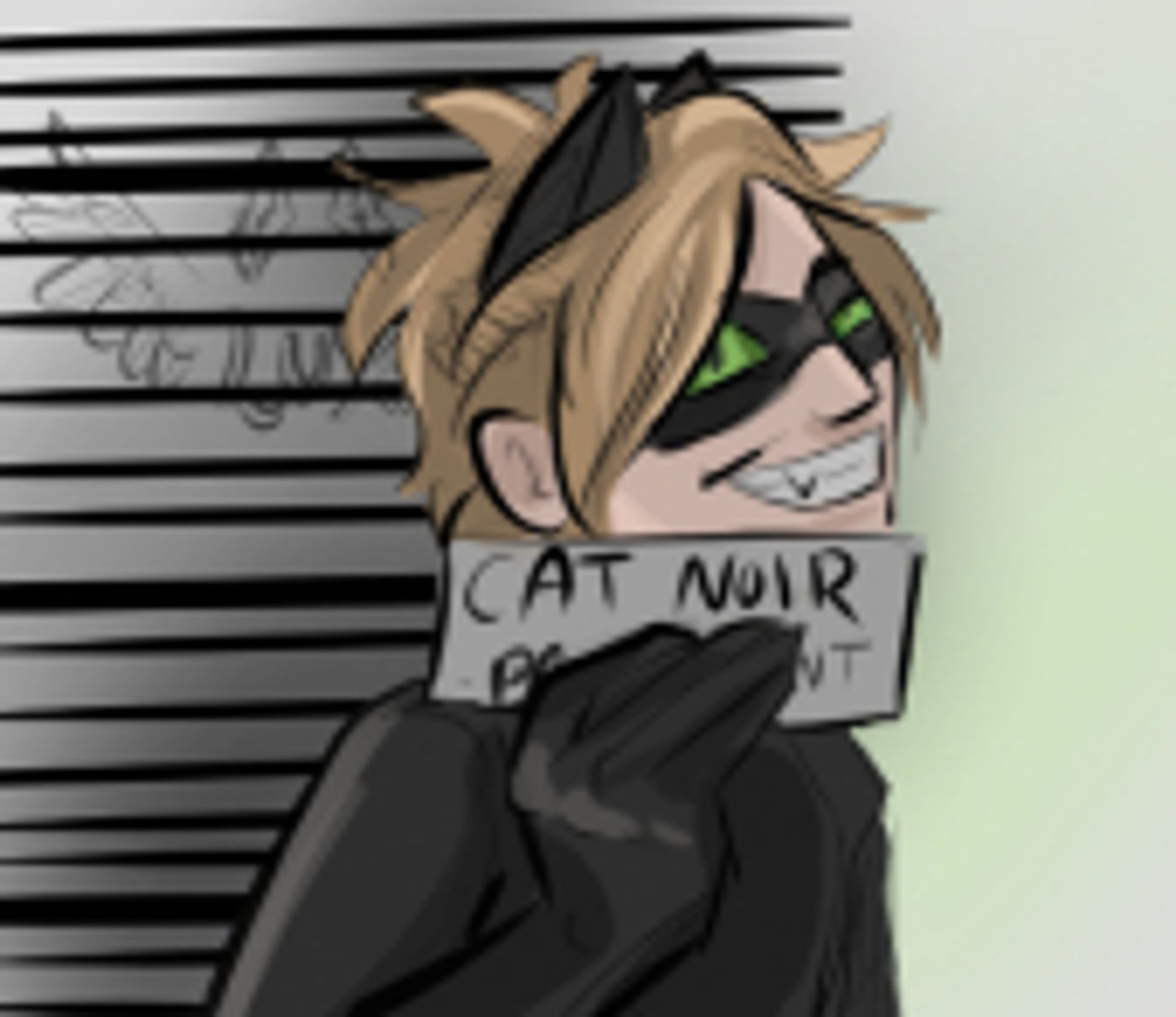 Digital drawing of Chat Noir in the pose of Ken from the Barbie meme, holding up his name card and grinning widely