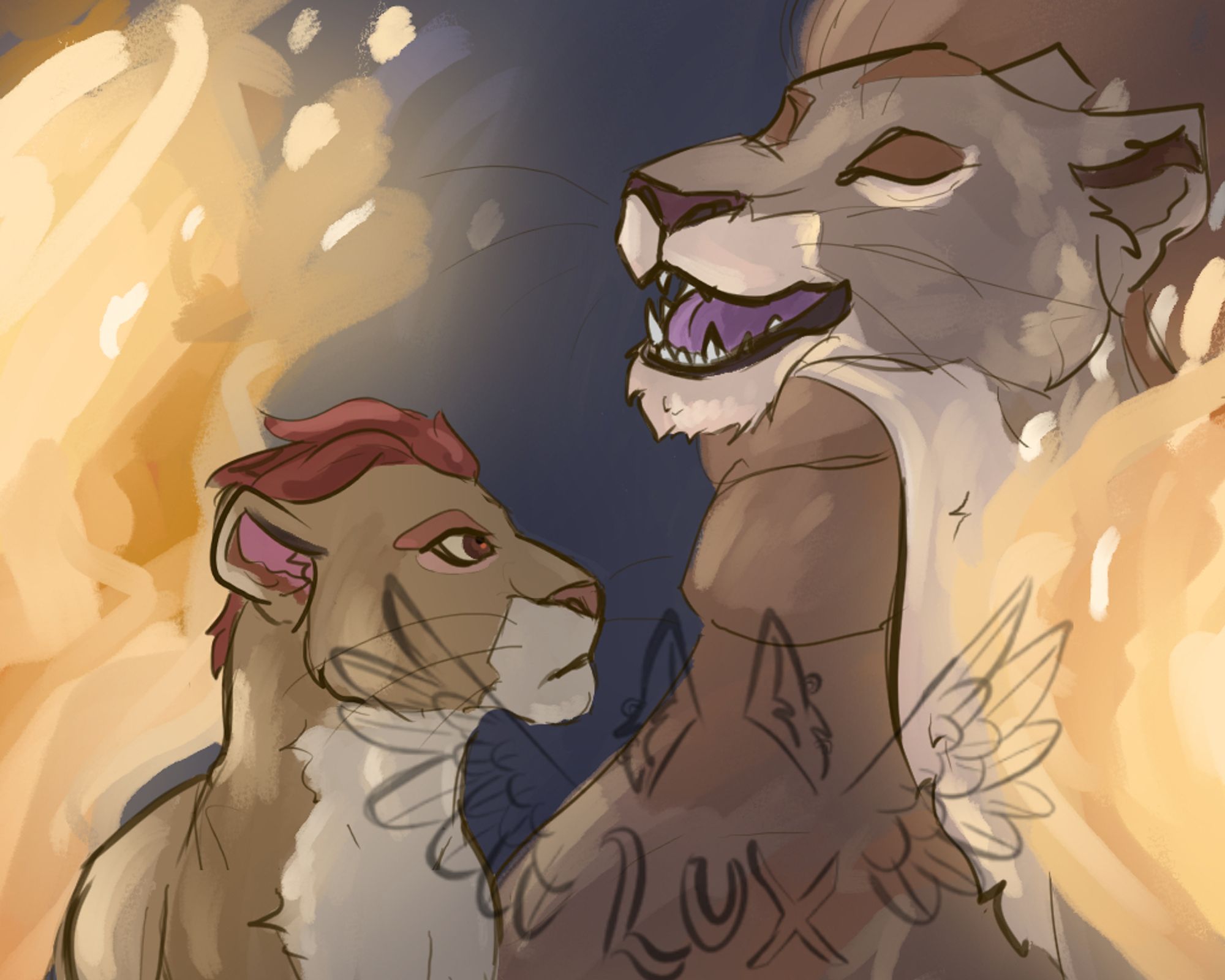 Screenshot redraw digital drawing from a scene from Zira's 'Lions over all' song in The Lion Guard. She and Kion are facing off as she tries to lure him over to the dark side.