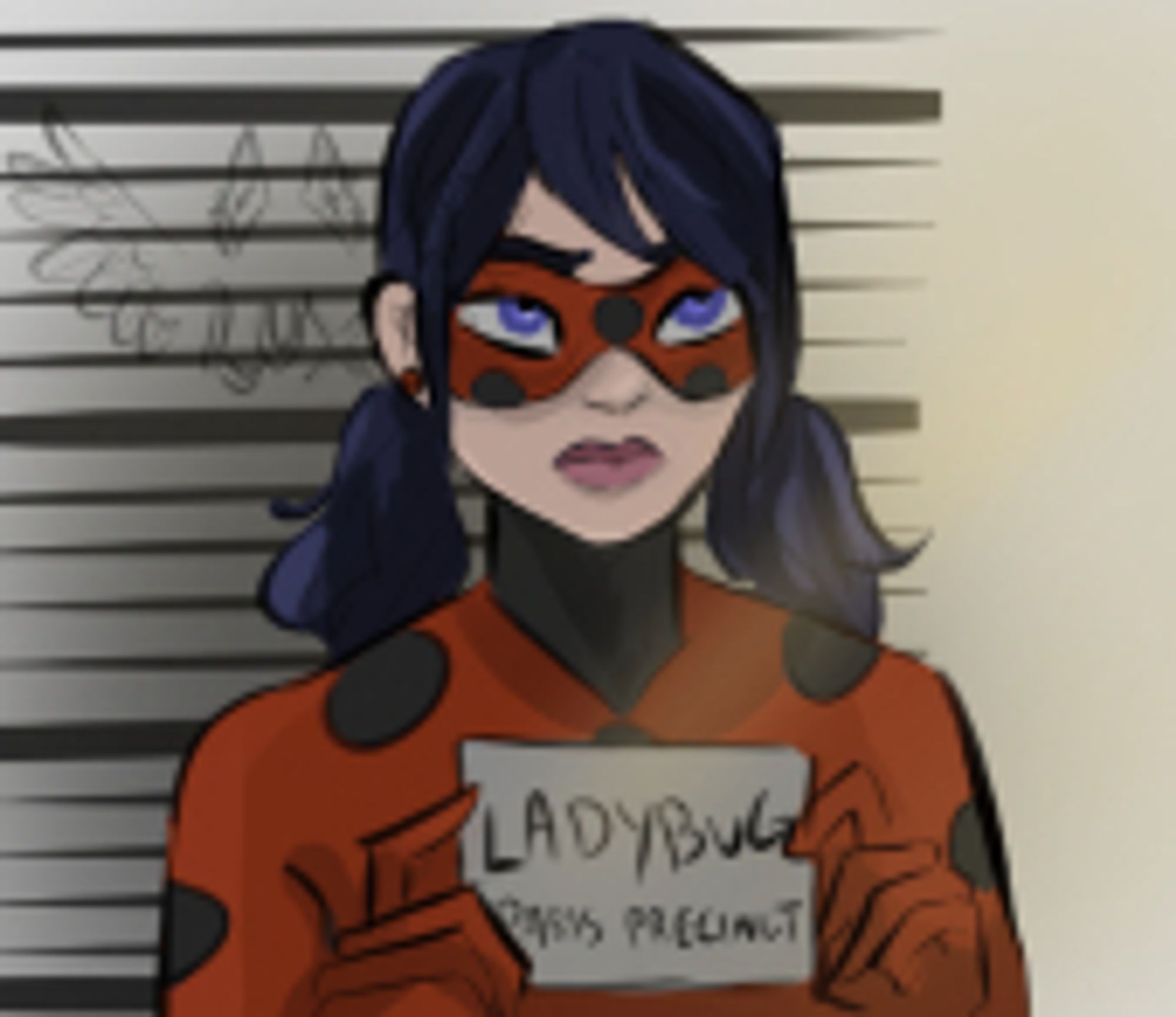 Digital drawing of Ladybug in the pose of Barbie in the Barbie meme; she's holding her name card and looks exasperated