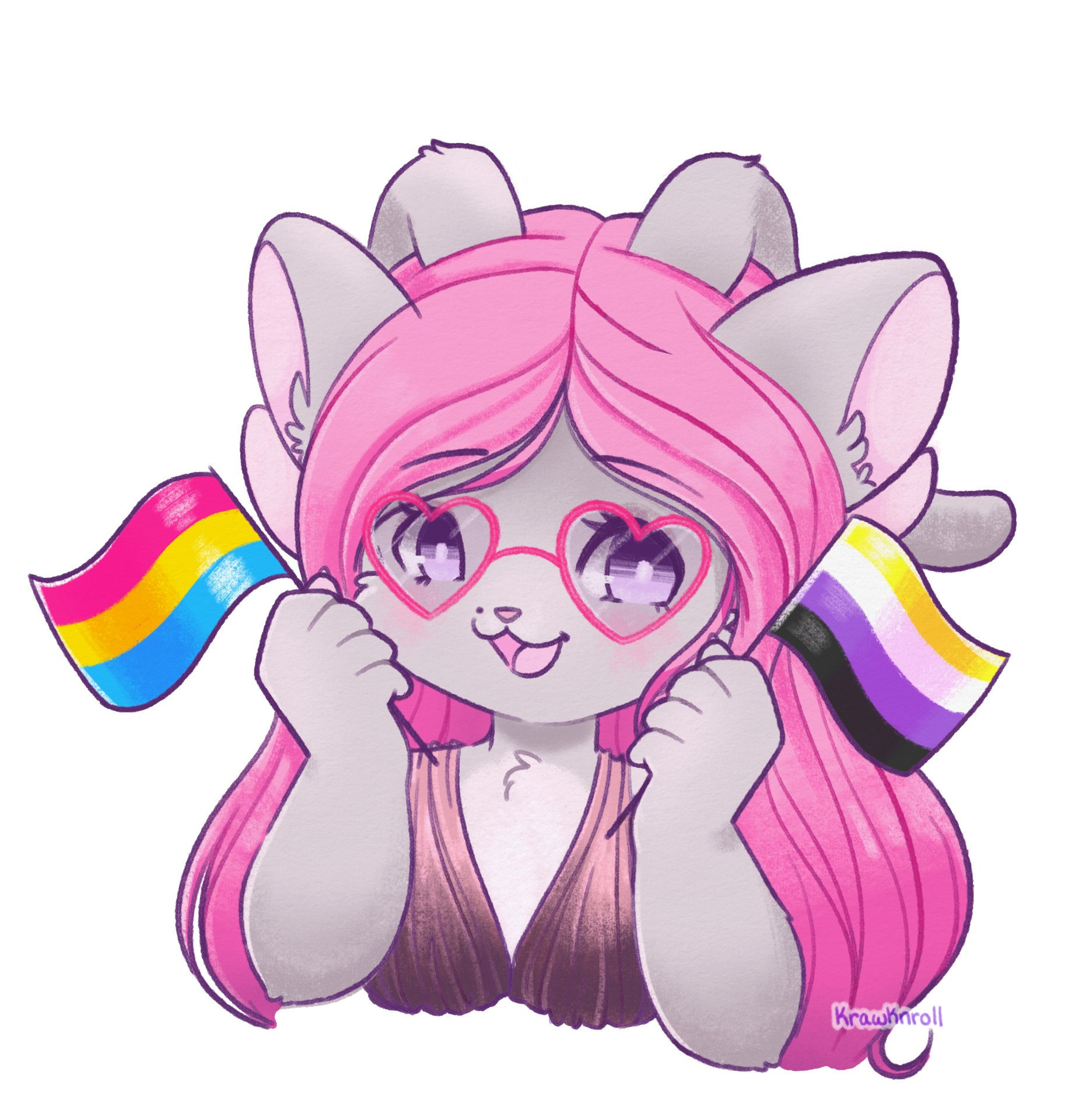 A drawing of a Neopets grey acara holding up two pride flags - a pansexual pride flag and a nonbinary pride flag. She has long pink hair. She's wearing a dress that fades from pink to burgundy with matching pink heart-shaped sunglasses. 