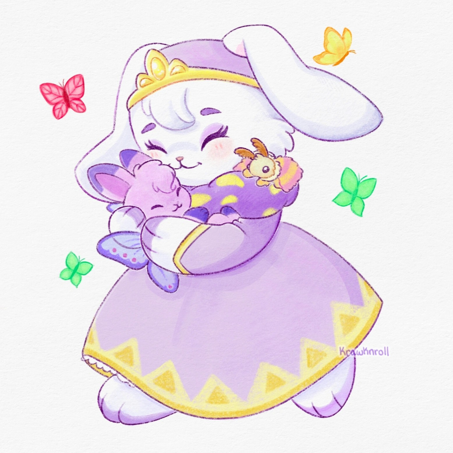 A drawing of a Neopets royal girl cybunny hugging her petpet. She is wearing a lavender dress with a pastel yellow trim and matching headpiece with a tiara. Around her are four butterflies. 