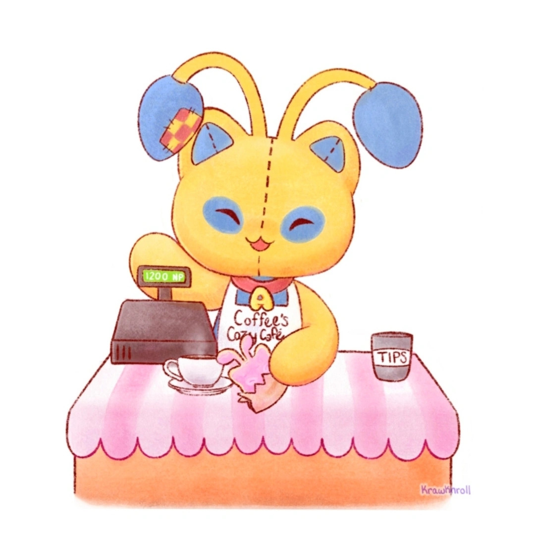 A drawing of a Neopets plushie aisha working at a cafe. She's wearing a white apron that reads "Coffee's Cozy Café." From behind the cash register She's waving with one hand, while the other is holding a pink frosted aisha cookie that's being handed towards the observer/customer. 