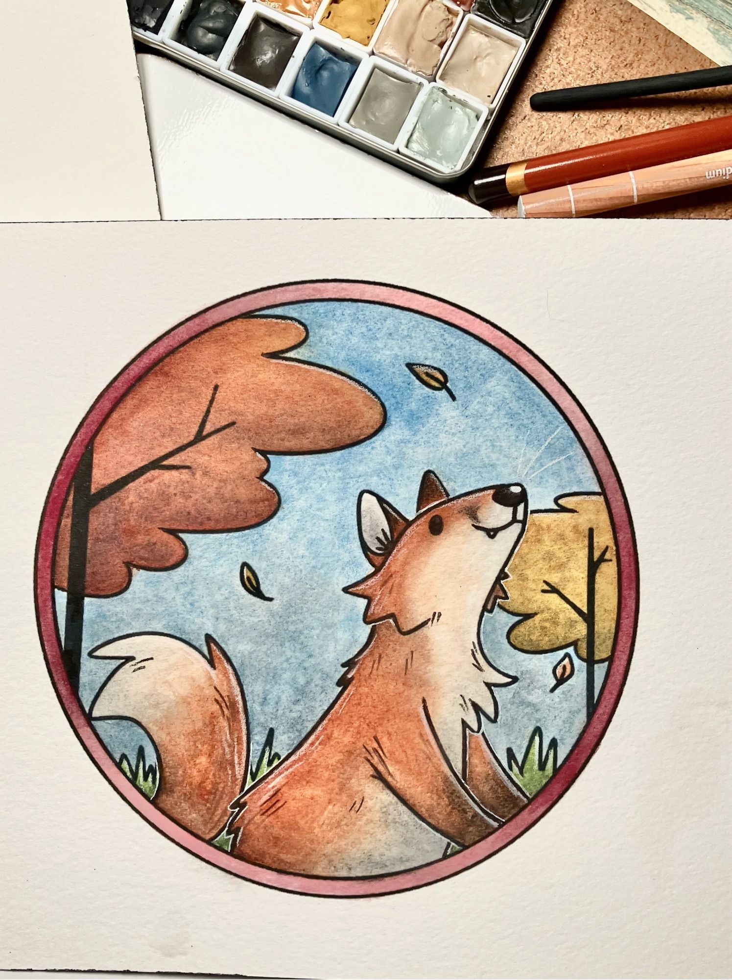 A watercolor painting of a cartoony fox with some trees behind them.