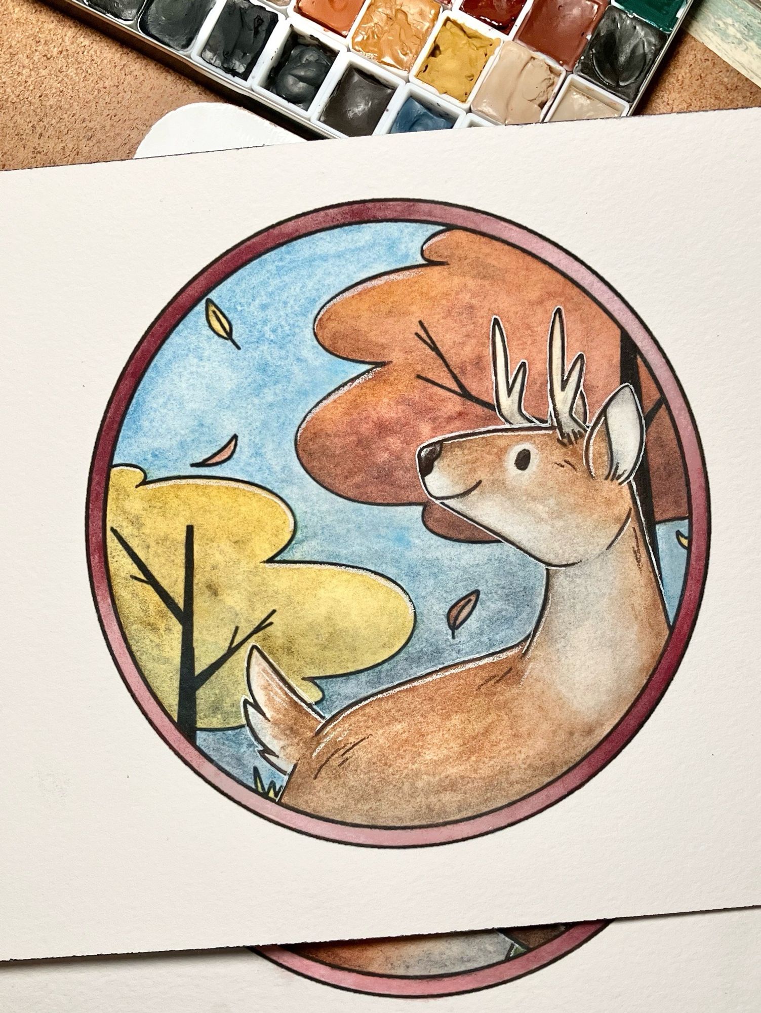 A watercolor painting of a cartoony white tailed deer. Some trees are behind them.