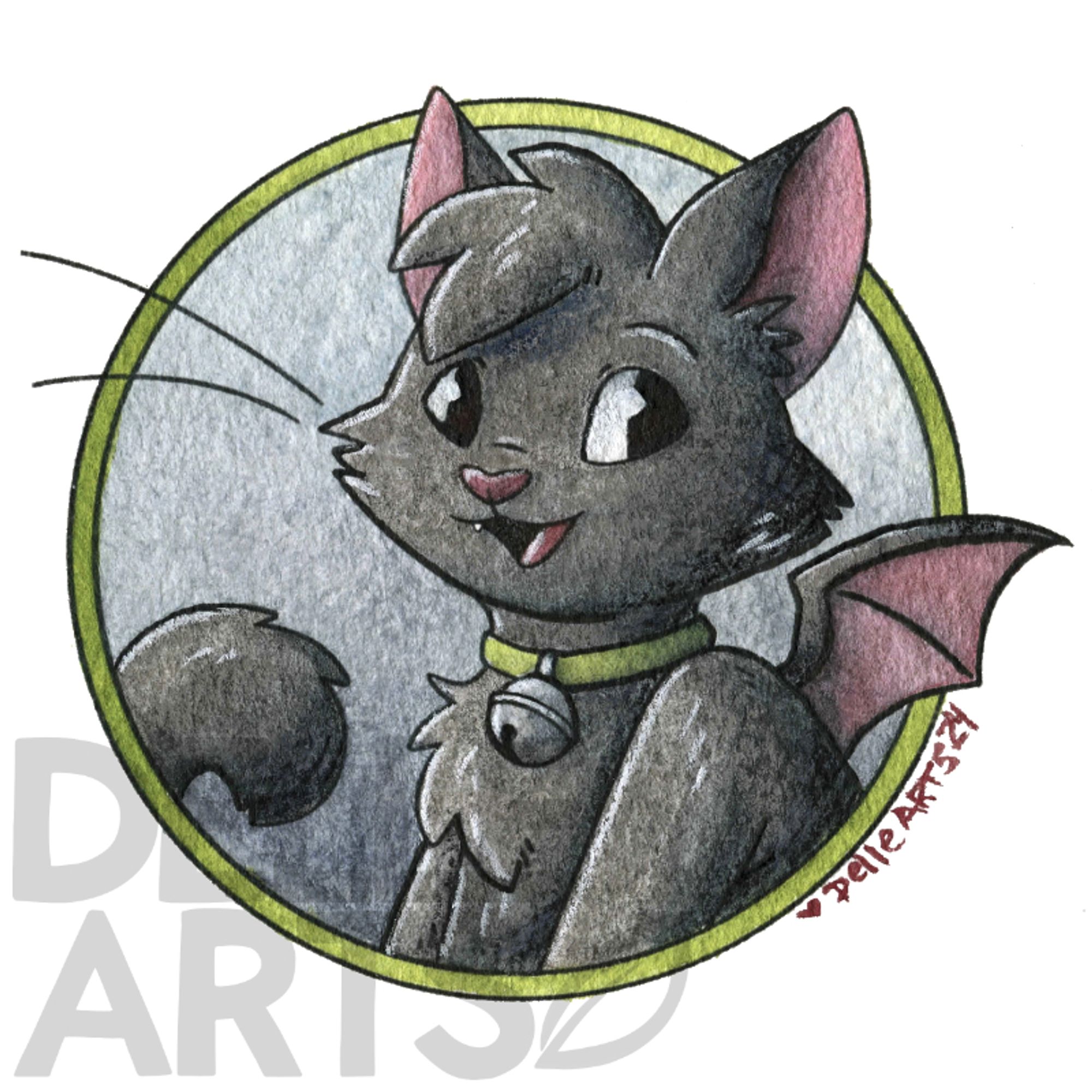 A watercolor and colored pencil bust drawing of a black cat with wings wearing a green collar with a silver bell. They are smiling at the camera. It is in the shape of a circle with a green frame, and the cat's ear's and wing are popping out of it. The background is a wash of an indigo to a dusky blue.