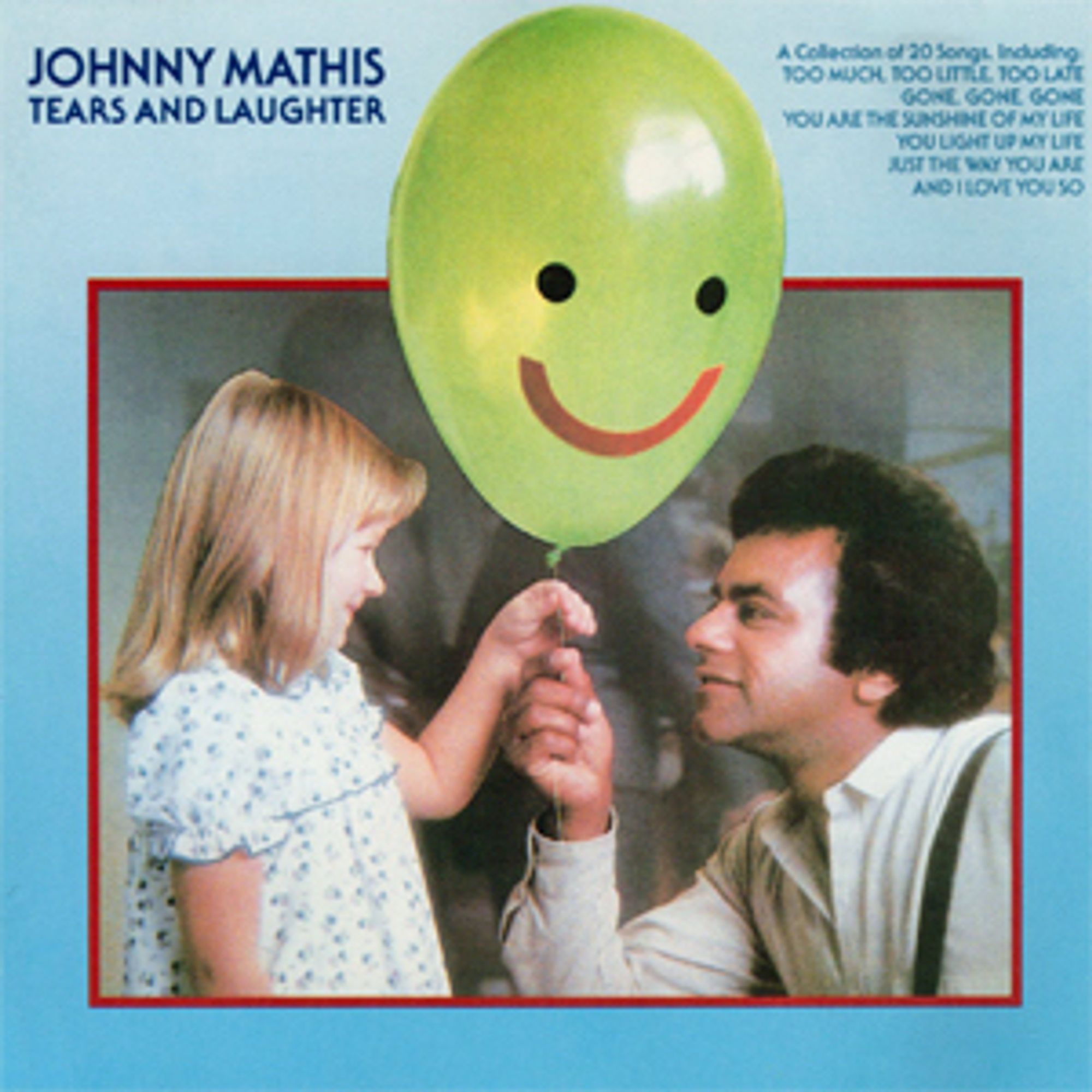 This is the front cover for the album Tears and Laughter by the artist Johnny Mathis. Johnny is  handing a large green balloon with a smiley face to a young girl. The balloon dominates the photo. It looks like an uninvited guest - like 1980 Clippy has just appeared.