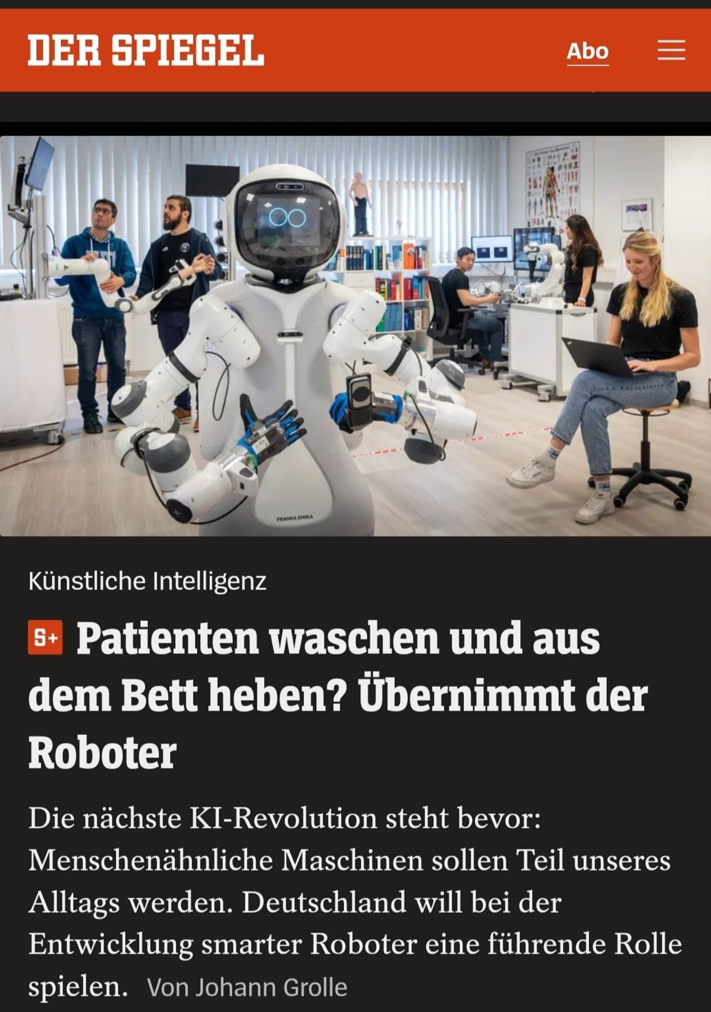 Artikel aus dem Spiegel mit dem Inhalt, dass Roboter künftig Patienten pflegen werden