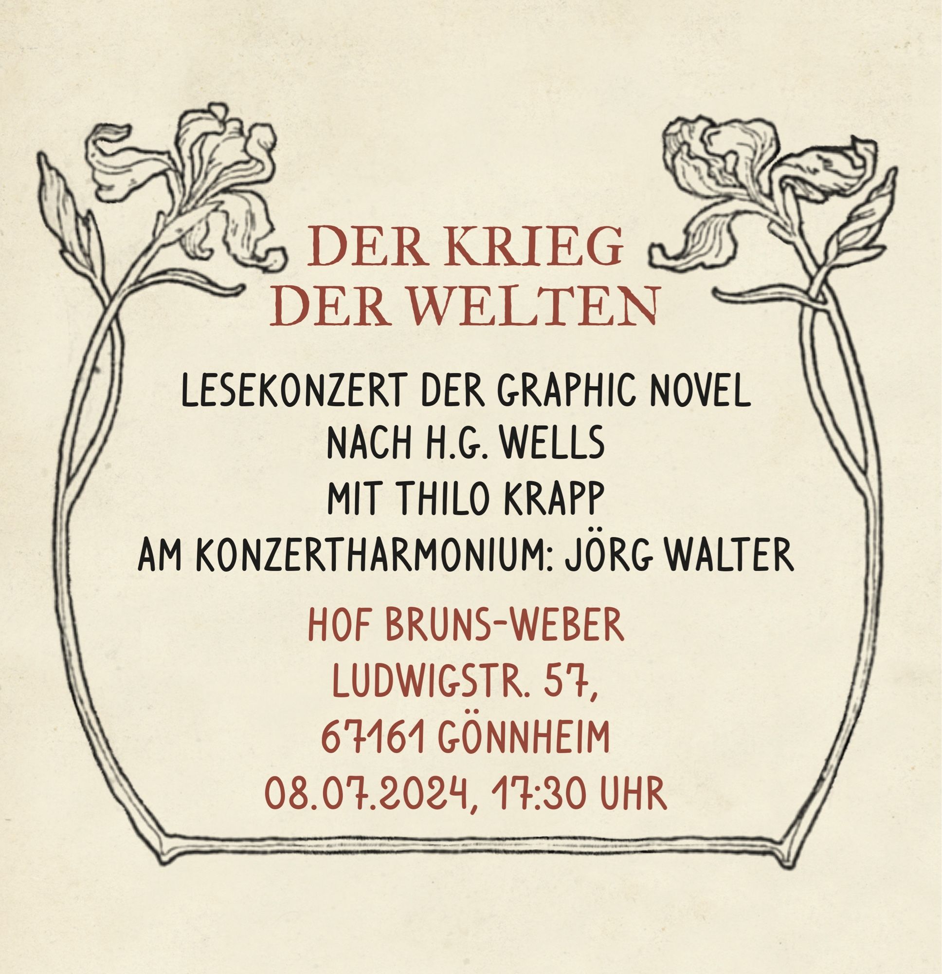 Announcement card of the WAR OF THE WORLDS graphic novel concert at the 2nd Pfälzer Comicsalon in Gönnheim, Germany.