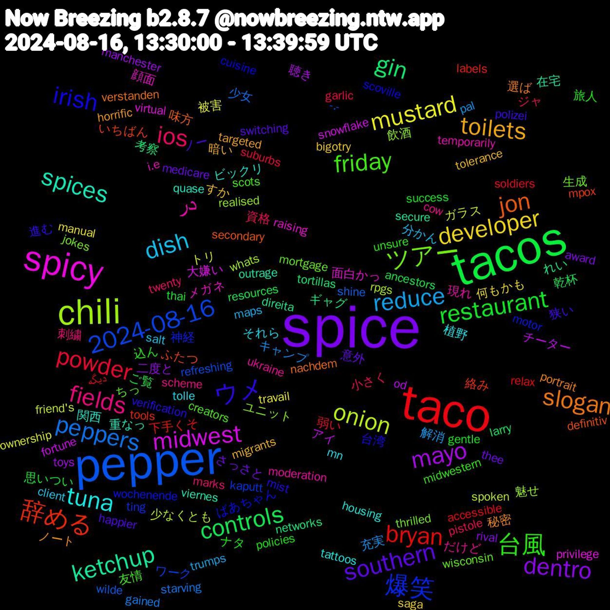 Word Cloud; its top words (sorted by weighted frequency, descending):  spice, tacos, taco, pepper, chili, spicy, spices, slogan, ウメ, 台風, ios, reduce, mustard, mayo, gin, 辞める, 爆笑, ツアー, در, tuna, toilets, southern, restaurant, powder, peppers, onion, midwest, ketchup, jon, irish, friday, fields, dish, developer, dentro, controls, bryan, 2024-08-16, 飲酒, 顔面, 関西, 秘密, 狭い, 旅人, 小さく, 充実, トリ, チーター, ギャグ, いちばん, wochenende, wisconsin, ukraine, tolle, tolerance, thee, thai, soldiers, shine, rpgs, privilege, outrage, nachdem, mist, midwestern, marks, maps, manual, manchester, larry, labels, kaputt, jokes, i.e, housing, horrific, happier, gentle, garlic, gained, friend's, fortune, direita, definitiv, cuisine, creators, cow, client, bigotry, award, ancestors, accessible, -.-, 魅せ, 面白かっ, 重なっ, 選ば, 進む, 込ん, 資格, 解消, 被害, 聴き, 考察, 絡み, 神経, 生成, 現れ, 植野, 暗い, 意外, 思いつい, 弱い, 少女, 少なくとも, 大嫌い, 在宅, 味方, 台湾, 友情, 刺繍, 分かん, 何もかも, 二度と, 乾杯, 下手くそ, ワーク, ユニット, メガネ, ビックリ, ノート, ノー, ナタ, ジャ, キャンプ, ガラス, アイ, れい, ふたつ, ばあちゃん, ちっ, だけど, それら, すか, さっさと, ご覧, دیگه, wilde, whats, virtual, viernes, verstanden, verification, unsure, twenty, trumps, travail, toys, tortillas, tools, ting, thrilled, temporarily, tattoos, targeted, switching, success, suburbs, starving, spoken, snowflake, secure, secondary, scoville, scots, scheme, salt, saga, rival, resources, relax, refreshing, realised, raising, quase, portrait, polizei, policies, pistole, pal, ownership, od, networks, mpox, motor, mortgage, moderation, mn, migrants, medicare