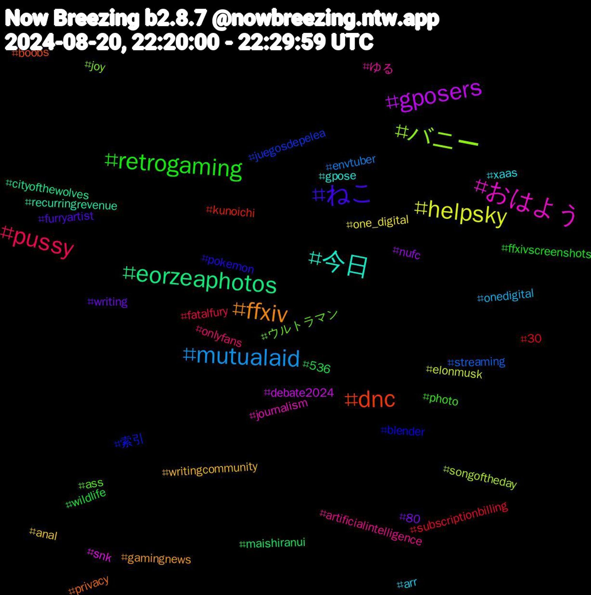 Hashtag Cloud; its hashtagged words/phrases (sorted by weighted frequency, descending):  バニー, おはよう, 今日, ffxiv, ねこ, retrogaming, pussy, mutualaid, helpsky, gposers, eorzeaphotos, dnc, 索引, ウルトラマン, ゆる, xaas, writingcommunity, writing, wildlife, subscriptionbilling, streaming, songoftheday, snk, recurringrevenue, privacy, pokemon, photo, onlyfans, onedigital, one_digital, nufc, maishiranui, kunoichi, juegosdepelea, joy, journalism, gpose, gamingnews, furryartist, ffxivscreenshots, fatalfury, envtuber, elonmusk, debate2024, cityofthewolves, boobs, blender, ass, artificialintelligence, arr, anal, 80, 536, 30