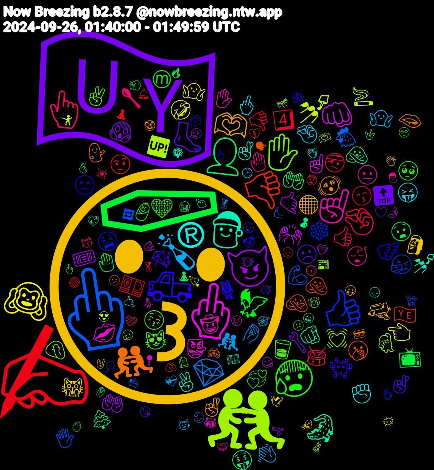 Emoji Cloud; its emojis (sorted by weighted frequency, descending):  😗, 🇺🇾, ⚰, ✍, 🖕🏿, 🤼‍♂️, 🖕🏼, 🎅, 🤼, 🛻, 😰, 👆🏻, 🍾, 🙉, 😈, 👤, 👎🏼, 👍🏿, ✋🏻, ☝🏼, ®, 🫶🏽, 🦶, 🦅, 🤏🏽, 💎, 💅🏼, 👊🏾, 🐊, 🫢, 🪽, 🥃, 🤚🏻, 🤏, 🙀, 😱, 😧, 😙, 🖐🏻, 💃🏻, 👺, ✌🏻, 🫨, 🪁, 🩶, 🥁, 🤼‍♀️, 🤣, 🤙, 🤑, 🙅🏻‍♀️, 😫, 😚, 😐, 🖕🏾, 🔫, 🔝, 💞, 👎🏻, 🐔, 🆙, ☝🏽, 🫵🏼, 🫦, 🪢, 🥺, 🥄, 🤷🏼‍♀️, 🤷🏻‍♀️, 🤲🏼, 🤲🏻, 🤨, 🤧, 🤦🏻‍♀️, 🤠, 🤞🏾, 🤞🏼, 🤞🏻, 🤚, 🤕, 🤌🏼, 🚬, 🙌🏻, 🙅‍♀️, 🙅, 🙁, 😻, 😴, 😝, 🗿, 🔧, 📺, 💶, 💪🏽, 💓, 💋, 💅, 💁🏻‍♀️, 👾, 👶, 👍🏻, 👋🏼, 👈🏼, 🎟️, 🌲, 🇾🇪, ❄️, ✌🏽, ✋, ✊, ⚫, ☹️, Ⓜ️, 4️⃣, 🫷, 🫶🏾, 🫵🏽, 🫰🏽, 🫤, 🫁, 🪦, 🩵, 🧭, 🧜‍♀️, 🧚, 🧘🏻‍♀️, 🧘‍♀️, 🦮, 🦟, 🦝, 🦚, 🥸, 🥳, 🥚, 🥉, 🥈, 🤺, 🤳, 🤰, 🤦🏾‍♀️, 🤡, 🤟🏾, 🤝🏼, 🤙🏻, 🤘🏾, 🤍, 🤌🏻, 🟣, 🛀, 🚀, 🙏🏻, 🙋🏻, 🙈, 🙆, 🙄, 😽, 😺, 😶‍🌫️, 😮‍💨, 😭, 😨, 😦, 😥, 😢, 😞, 😛, 😘, 😕, 😔, 😓, 😍, 😋, 😀, 🗣, 🖕🏽, 🖕🏻, 🕡, 🕑, 🕊️, 🔭, 🔥, 🔔, 🔁, 📰, 📍, 💵, 💳, 💭, 💨, 💥, 💝, 💘, 💗, 💖, 💔, 💍, 💆‍♀️, 👨, 👏🏾, 👏🏽