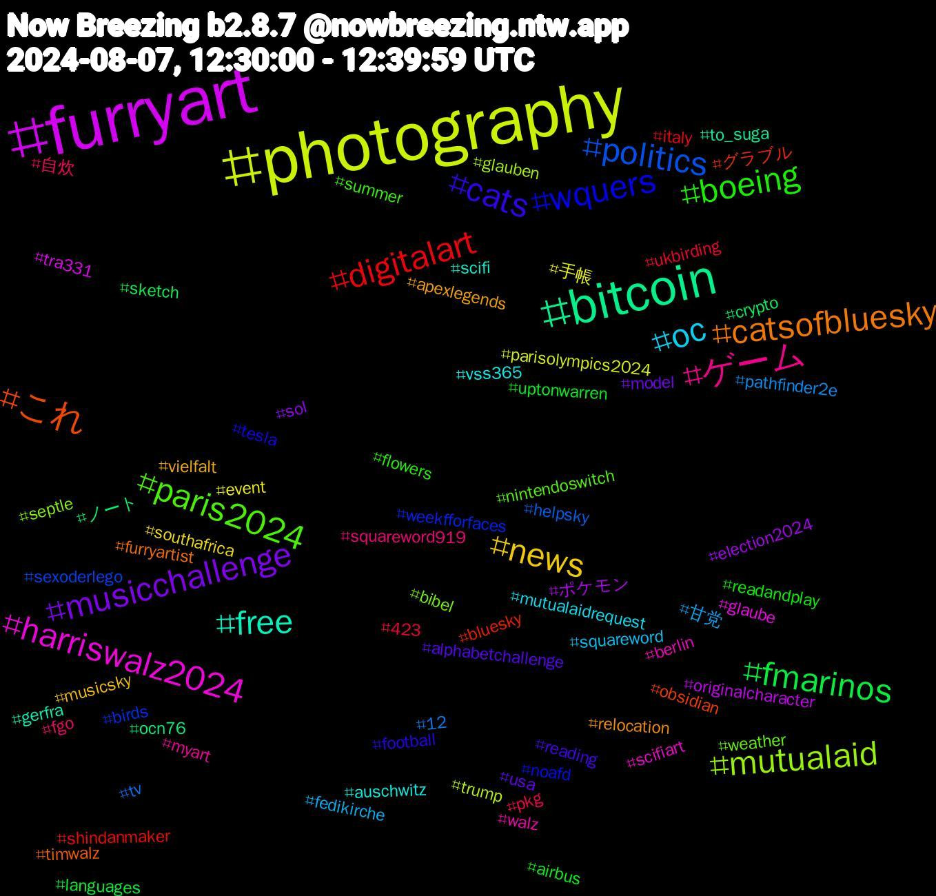 Hashtag Cloud; its hashtagged words/phrases (sorted by weighted frequency, descending):  photography, furryart, bitcoin, これ, wquers, paris2024, ゲーム, oc, news, musicchallenge, fmarinos, digitalart, politics, mutualaid, harriswalz2024, free, catsofbluesky, cats, boeing, 自炊, 甘党, 手帳, ポケモン, ノート, グラブル, weekfforfaces, weather, walz, vss365, vielfalt, usa, uptonwarren, ukbirding, tv, trump, tra331, to_suga, timwalz, tesla, summer, squareword919, squareword, southafrica, sol, sketch, shindanmaker, sexoderlego, septle, scifiart, scifi, relocation, reading, readandplay, pkg, pathfinder2e, parisolympics2024, originalcharacter, ocn76, obsidian, noafd, nintendoswitch, myart, mutualaidrequest, musicsky, model, languages, italy, helpsky, glauben, glaube, gerfra, furryartist, football, flowers, fgo, fedikirche, event, election2024, crypto, bluesky, birds, bibel, berlin, auschwitz, apexlegends, alphabetchallenge, airbus, 423, 12