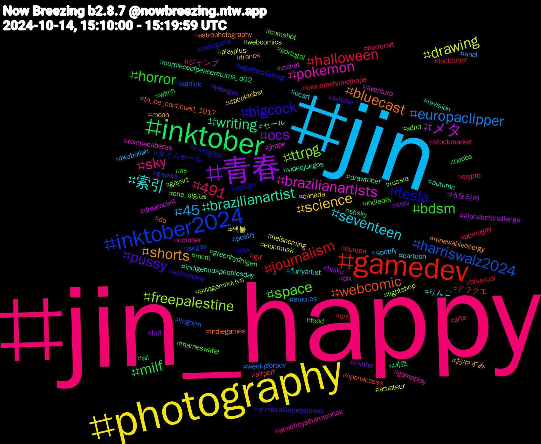 Hashtag Cloud; its hashtagged words/phrases (sorted by weighted frequency, descending):  jin_happy, jin, photography, 青春, inktober, gamedev, inktober2024, ttrpg, pokemon, 索引, shorts, pussy, horror, halloween, europaclipper, drawing, メタ, writing, webcomic, tesla, space, sky, seventeen, science, ocs, milf, journalism, harriswalz2024, freepalestine, brazilianartists, brazilianartist, bluecast, bigcock, bdsm, 491, 45, 섹블, 네토라레, 네토, ドラクエ, タイムセール, セール, ジャンプ, りんご, おやすみ, yeonjun, witch, welcomehomejhope, weekpforpov, webcomics, vrchat, videojuegos, to_be_continued_1017, tits, thameswater, stockmarket, spotify, spooktober, sisu, shsky, sff, sega​s, russia, rompecabezas, revisión, renewableenergy, primerasimpresiones, portugal, pornogay, poetry, playplus, pix, ourpieceofpeacereturns_d02, openaccess, onedigital, one_digital, october, ocart, moon, minho, mcm, locktober, lingorm, lightshop, jhope, indigenouspeoplesday, indiegames, indiegame, indiedev, horrorart, hezbollah, heiscoming, haiku, greenhydrogen, gif, gaysex, gayart, gameplay, furryartist, france, fetiche, feed, europa, emotes, elonmusk, dreamcast, drawtober, dq, design, cumshot, crypto, cartoon, canada, bot, boobs, bisexual, bigdick, aviagemnoviva, aventura, autumn, astrophotography, astronomy, as, arte, anal, amateur, alphabetchallenge, all, airport, agathaallalong, adhd, aceofroyalharmonhee