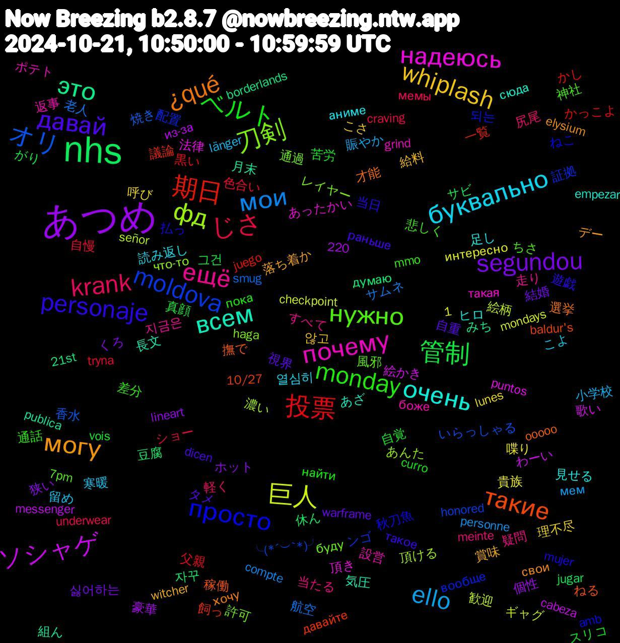 Word Cloud; its top words (sorted by weighted frequency, descending):  あつめ, nhs, 期日, moldova, 刀剣, почему, очень, могу, давай, ベルト, じさ, мои, 巨人, ソシャゲ, это, такие, просто, нужно, ещё, буквально, whiplash, segundou, 管制, 投票, オリ, фд, надеюсь, всем, ¿qué, personaje, monday, krank, ello, 자꾸, 飼っ, 配置, 通過, 返事, 足し, 賞味, 視界, 苦労, 色合い, 航空, 歓迎, 歌い, 月末, 撫で, 払っ, 悲しく, 当たる, 寒暖, 呼び, ホット, サビ, かし, ╰(*´︶`*)╯, что-то, такая, сюда, свои, раньше, найти, underwear, personne, mondays, messenger, 21st, 10/27, 1,220, 되는, 風邪, 走り, 読み返し, 給料, 結婚, 真顔, 父親, 焼き, 濃い, 法律, 気圧, 才能, 当日, 差分, 尻尾, 小学校, 喋り, 個性, 休ん, 一覧, ンゴ, レイヤー, ポテト, ヒロ, デー, タメ, スリコ, ショー, サムネ, ギャグ, わーい, みち, ねる, ねこ, ちさ, すべて, こよ, こさ, くろ, がり, かっこよ, いらっしゃる, あんた, あったかい, あざ, хочу, такое, пока, мемы, мем, интересно, из-за, думаю, давайте, вообще, буду, боже, аниме, witcher, warframe, vois, tryna, smug, señor, puntos, publica, ooooo, mujer, mmo, meinte, länger, lunes, lineart, jugar, juego, honored, haga, grind, empezar, elysium, dicen, curro, craving, compte, checkpoint, cabeza, borderlands, baldur's, amb, 7pm, 지금은, 열심히, 않고, 싫어하는, 그건, 黒い, 香水, 頂ける, 頂き, 長文, 選挙, 遊戯, 通話, 軽く, 賑やか, 貴族, 豪華, 豆腐, 議論, 証拠, 許可, 設営, 見せる, 落ち着か, 自重, 自覚, 自慢, 老人, 絵柄, 絵かき, 組ん, 稼働, 秋刀魚, 神社, 疑問, 留め, 理不尽, 狭い, 焼い