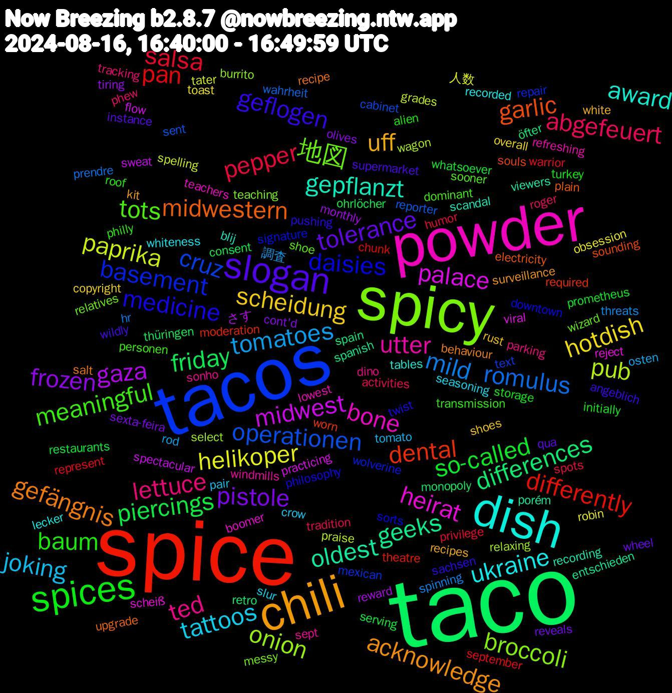 Word Cloud; its top words (sorted by weighted frequency, descending):  taco, spice, tacos, spicy, powder, dish, chili, slogan, spices, pepper, mild, paprika, midwest, geeks, garlic, daisies, tots, ted, tattoos, scheidung, pistole, piercings, pan, operationen, onion, heirat, gepflanzt, gefängnis, geflogen, baum, abgefeuert, tomatoes, helikoper, gaza, differences, dental, basement, 地図, utter, ukraine, uff, tolerance, so-called, salsa, romulus, pub, palace, oldest, midwestern, medicine, meaningful, lettuce, joking, hotdish, frozen, friday, differently, cruz, broccoli, bone, award, acknowledge, wildly, turkey, tradition, threats, tater, sweat, spain, souls, signature, shoe, sept, seasoning, rust, reveals, restaurants, represent, reporter, relaxing, reject, recording, recipe, pushing, philly, phew, osten, obsession, monthly, monopoly, moderation, mexican, messy, lowest, lecker, kit, instance, initially, humor, hr, grades, flow, entschieden, electricity, downtown, dominant, dino, crow, copyright, cont'd, consent, chunk, cabinet, burrito, boomer, blij, behaviour, angeblich, alien, activities, 調査, 人数, さす, öfter, worn, wolverine, wizard, windmills, whiteness, white, wheel, whatsoever, warrior, wahrheit, wagon, viral, viewers, upgrade, twist, transmission, tracking, tomato, toast, tiring, thüringen, theatre, text, teaching, teachers, tables, surveillance, supermarket, storage, spots, spinning, spelling, spectacular, spanish, sounding, sorts, sooner, sonho, slur, shoes, sexta-feira, serving, september, sent, select, scheiß, scandal, salt, sachsen, roof, roger, rod, robin, reward, retro, required, repair, relatives, refreshing, recorded, recipes, qua, prometheus, privilege, prendre, praise, practicing, porém, plain, philosophy, personen, parking, pair, overall, olives, ohrlöcher