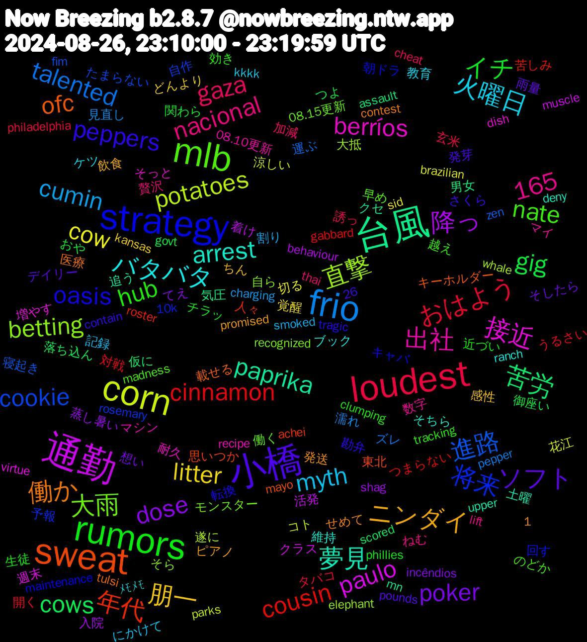 Word Cloud; its top words (sorted by weighted frequency, descending):  小橋, rumors, loudest, frio, corn, 通勤, 台風, sweat, strategy, mlb, 火曜日, 朋一, poker, gig, cinnamon, 進路, 直撃, 接近, 夢見, 働か, peppers, hub, gaza, cumin, cow, 1,165, 降っ, 苦労, 年代, 将来, 大雨, 出社, バタバタ, ニンダイ, ソフト, イチ, おはよう, talented, potatoes, paulo, paprika, ofc, oasis, nate, nacional, myth, litter, dose, cows, cousin, cookie, betting, berríos, arrest, 近づい, 誘っ, 見直し, 花江, 着け, 男女, 思いつか, 回す, 働く, マイ, ケツ, ちん, そしたら, おや, うるさい, zen, whale, virtue, upper, tulsi, tragic, tracking, thai, smoked, sid, shag, scored, roster, rosemary, recognized, recipe, ranch, promised, pounds, phillies, philadelphia, pepper, parks, muscle, mn, mayo, maintenance, madness, lift, kkkk, kansas, incêndios, govt, gabbard, fim, elephant, dish, deny, contest, contain, clumping, cheat, charging, brazilian, behaviour, assault, achei, 26, 10k, 08.15更新, 08.10更新, ﾒﾓﾒﾓ, 飲食, 雨量, 関わら, 開く, 運ぶ, 遂に, 週末, 追う, 載せる, 転換, 越え, 贅沢, 記録, 覚醒, 蒸し暑い, 落ち込ん, 苦しみ, 自作, 自ら, 耐久, 維持, 発送, 発芽, 生徒, 玄米, 濡れ, 涼しい, 活発, 気圧, 東北, 朝ドラ, 早め, 数字, 教育, 感性, 想い, 御座い, 対戦, 寝起き, 大抵, 増やす, 土曜, 医療, 勘弁, 効き, 加減, 割り, 切る, 入院, 仮に, 人々, 予報, モンスター, マシン, ブック, ピアノ, デイリー, チラッ, タバコ, ズレ, コト, クラス, クセ, キーホルダー, キャバ, のどか, ねむ, にかけて, どんより, てえ, つよ, つまらない, たまらない, そら, そっと, そちら, せめて, さくら, こっ