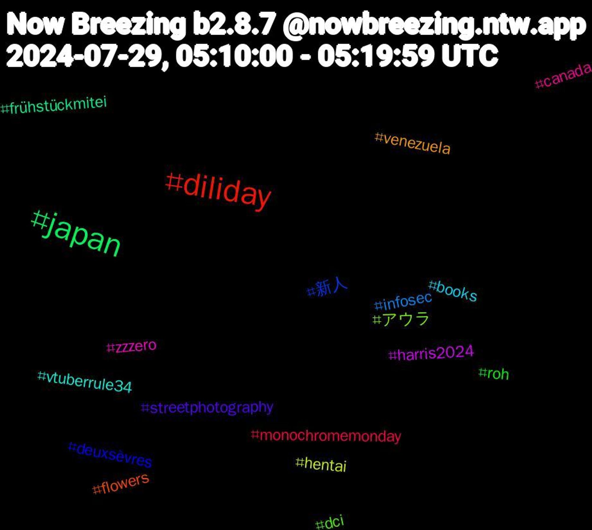 Hashtag Cloud; its hashtagged words/phrases (sorted by weighted frequency, descending):  japan, diliday, 新人, アウラ, zzzero, vtuberrule34, venezuela, streetphotography, roh, monochromemonday, infosec, hentai, harris2024, frühstückmitei, flowers, deuxsèvres, dci, canada, books