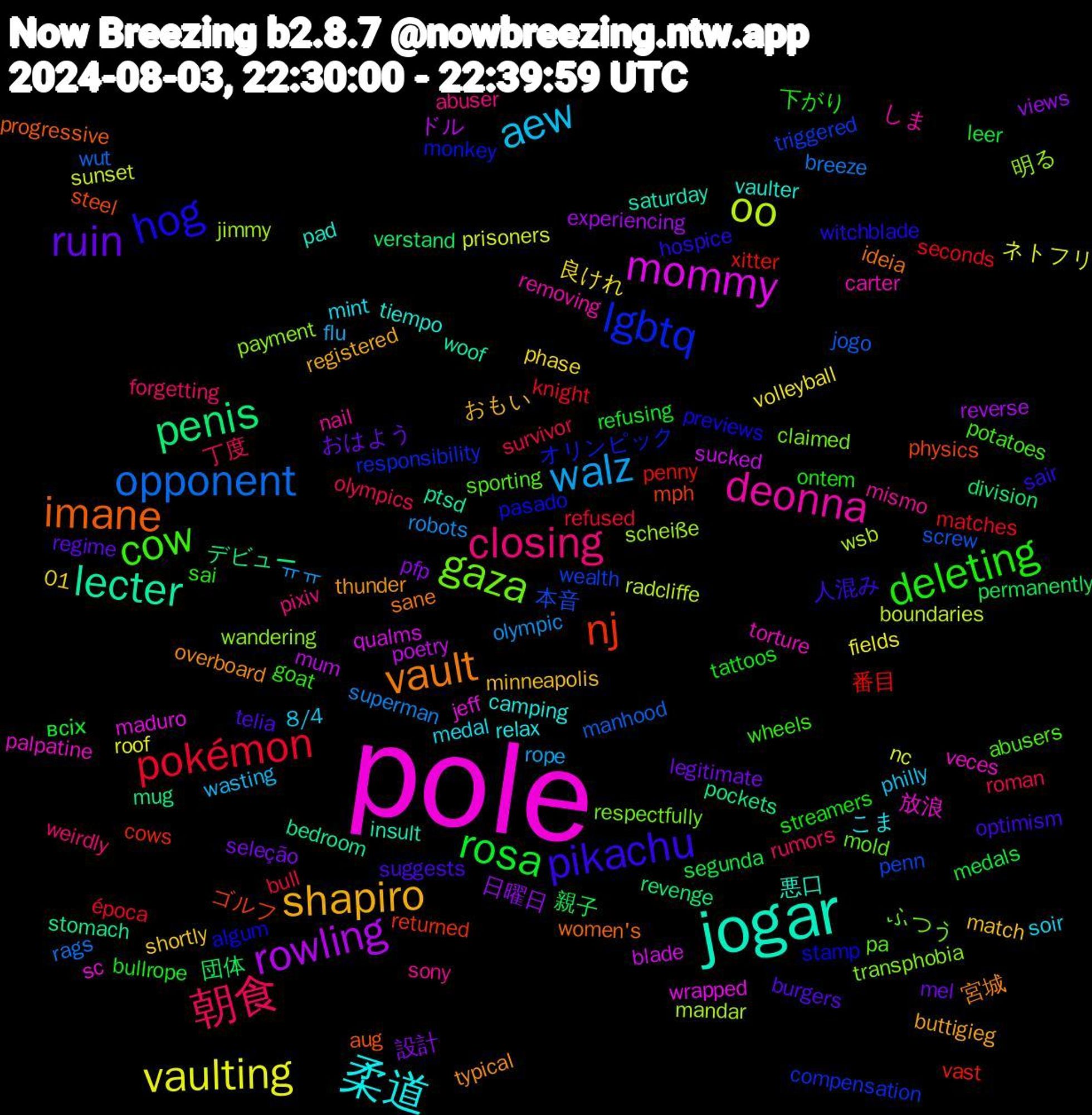 Word Cloud; its top words (sorted by weighted frequency, descending):  pole, jogar, vault, pikachu, deleting, 朝食, walz, vaulting, rowling, penis, nj, lgbtq, gaza, deonna, 柔道, shapiro, ruin, rosa, pokémon, opponent, oo, mommy, lecter, imane, hog, cow, closing, aew, 良けれ, 日曜日, 団体, xitter, wealth, wandering, veces, vaulter, typical, suggests, streamers, roman, robots, prisoners, poetry, pockets, physics, pasado, pa, nail, medal, match, legitimate, leer, knight, jogo, jimmy, jeff, insult, ideia, hospice, goat, forgetting, flu, fields, experiencing, division, cows, compensation, claimed, carter, camping, buttigieg, burgers, bullrope, bull, breeze, boundaries, blade, bedroom, aug, algum, abusers, abuser, 8/4, 01, 設計, 親子, 番目, 本音, 明る, 放浪, 悪口, 宮城, 人混み, 下がり, 丁度, ㅠㅠ, ネトフリ, ドル, デビュー, ゴルフ, オリンピック, ふつう, しま, こま, おもい, おはよう, всіх, época, wut, wsb, wrapped, woof, women's, witchblade, wheels, weirdly, wasting, volleyball, views, verstand, vast, triggered, transphobia, torture, tiempo, thunder, telia, tattoos, survivor, superman, sunset, sucked, stomach, steel, stamp, sporting, sony, soir, shortly, seleção, segunda, seconds, screw, scheiße, sc, saturday, sane, sair, sai, rumors, rope, roof, reverse, revenge, returned, responsibility, respectfully, removing, relax, registered, regime, refusing, refused, rags, radcliffe, qualms, ptsd, progressive, previews, potatoes, pixiv, philly, phase, pfp, permanently, penny, penn, payment, palpatine, pad, overboard, optimism, ontem, olympics, olympic, nc, mum, mug, mph, monkey, mold, mismo, mint, minneapolis, mel, medals, matches, manhood, mandar, maduro