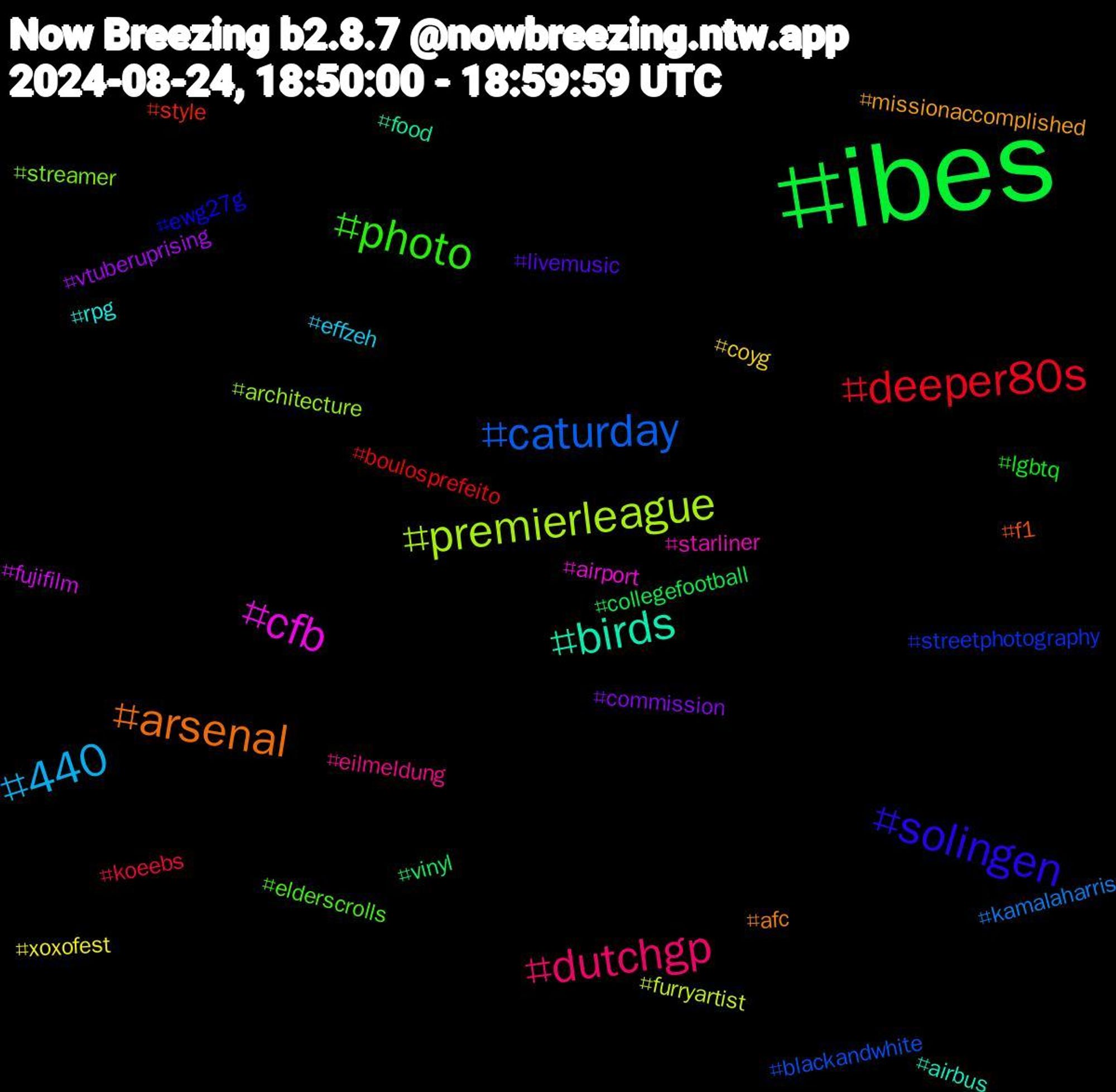 Hashtag Cloud; its hashtagged words/phrases (sorted by weighted frequency, descending):  ibes, deeper80s, caturday, premierleague, cfb, birds, arsenal, solingen, photo, dutchgp, 440, xoxofest, vtuberuprising, vinyl, style, streetphotography, streamer, starliner, rpg, missionaccomplished, livemusic, lgbtq, koeebs, kamalaharris, furryartist, fujifilm, food, f1, ewg27g, elderscrolls, eilmeldung, effzeh, coyg, commission, collegefootball, boulosprefeito, blackandwhite, architecture, airport, airbus, afc