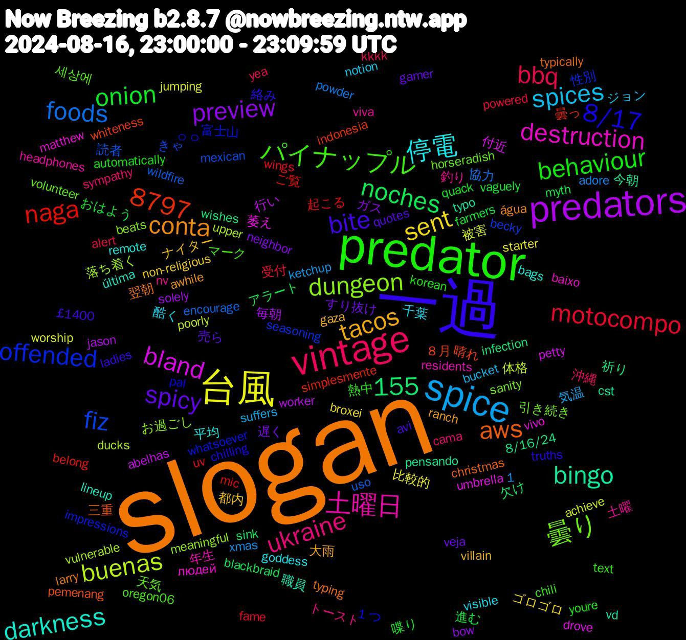 Word Cloud; its top words (sorted by weighted frequency, descending):  slogan, 一過, predator, vintage, spice, 台風, predators, offended, 1,155, 曇り, 土曜日, 停電, tacos, spicy, onion, motocompo, foods, buenas, bland, bingo, aws, 8/17, パイナップル, ukraine, spices, sent, preview, noches, naga, fiz, dungeon, destruction, darkness, conta, bite, behaviour, bbq, 8797, 被害, 行い, 祈り, 晴れ, 富士山, 天気, 土曜, 千葉, ナイター, すり抜け, おはよう, wings, wildfire, vulnerable, vivo, vd, typing, truths, text, sympathy, suffers, starter, solely, sink, simplesmente, seasoning, sanity, residents, remote, ranch, quotes, quack, powered, powder, poorly, petty, pensando, pemenang, pal, oregon06, nv, notion, non-religious, neighbor, myth, mic, mexican, meaningful, matthew, lineup, larry, ladies, korean, kkkk, ketchup, jumping, jason, infection, indonesia, impressions, horseradish, headphones, goddess, gaza, gamer, farmers, fame, encourage, ducks, drove, cst, christmas, chilling, chili, cama, bucket, broxei, bow, blackbraid, belong, becky, beats, baixo, bags, awhile, avi, automatically, alert, adore, achieve, abelhas, 8/16/24, ８月, １つ, 세상에, 釣り, 酷く, 都内, 遅く, 進む, 起こる, 読者, 落ち着く, 萎え, 職員, 翌朝, 絡み, 熱中, 沖縄, 気温, 比較的, 毎朝, 欠け, 曇っ, 性別, 引き続き, 年生, 平均, 大雨, 売ら, 喋り, 受付, 協力, 体格, 付近, 今朝, 三重, ㅇㅇ, マーク, トースト, ジョン, ゴロゴロ, ガス, アラート, ご覧, きゃ, お過ごし, людей, última, água, £1400, youre, yea, xmas, worship, worker, wishes, whiteness, whatsoever, volunteer, viva, visible, villain, veja, vaguely, uv, uso, upper, umbrella, typo, typically, tx