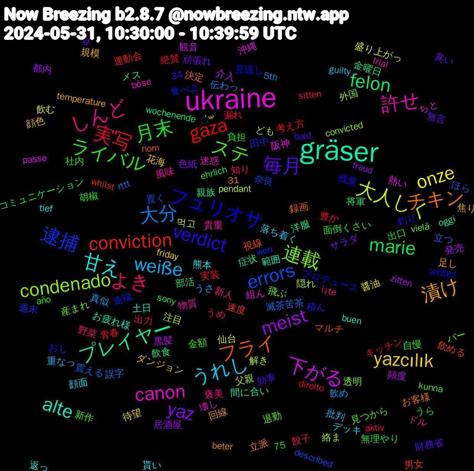 Word Cloud; its top words (sorted by weighted frequency, descending):  ukraine, gräser, チキン, verdict, ライバル, よき, weiße, onze, meist, felon, conviction, 逮捕, 連載, 許せ, 甘え, 漬け, 毎月, 月末, 実写, 大分, 大人しく, 下がる, プレイヤー, フライ, フュリオサ, ステ, しんど, うれし, yazcılık, yaz, marie, gaza, errors, condenado, canon, alte, 餃子, 飲め, 飲む, 頻度, 金曜日, 速度, 途端, 退勤, 貴重, 貰い, 規模, 臭い, 胡椒, 絶賛, 立つ, 父親, 熱い, 洋服, 決定, 残業, 新作, 新人, 批判, 待望, 居酒屋, 将軍, 実装, 奈良, 外国, 壊し, 土日, 回線, 効率, 出口, 出力, 伝わっ, 仙台, 介入, メス, マルチ, プロデュース, パー, ドル, デッキ, ダンジョン, サラダ, コミュニケーション, キッチン, ほら, ども, ちと, お疲れ様, お客様, おし, うら, うめ, うさ, ॑꒳, zitten, wochenende, whilst, wen, vielä, trial, tief, temperature, sr, sony, sitten, rttt, pendant, passe, oggi, nom, letztes, kunna, işte, guilty, friday, fraud, ehrlich, direito, described, convicted, böse, buen, beter, bald, año, aktiv, 75, 5th, 34, 31, 먹고, 黒髪, 飲食, 飲める, 食べよ, 飛ぶ, 風味, 顔面, 顔色, 頑張れ, 面倒くさい, 青春, 震える, 隠れ, 阪神, 間に合い, 録画, 釣り, 金額, 野菜, 重なっ, 醤油, 都内, 部活, 運動会, 週末, 透明, 迷惑, 返っ, 足し, 財務省, 負担, 豊か, 誤字, 解き, 観音, 親族, 視線, 見逃し, 見つから, 褒美, 落ち着く, 花海, 色紙, 自慢, 考え方, 置く, 絡ま, 組ん, 範囲, 立派, 積ん, 社内, 知り, 真似, 盛り上がっ, 発売, 症状, 男女, 田中, 産まれ, 物質, 熊本, 焦り, 無言, 無理やり, 漏れ, 滅茶苦茶, 注目, 沖縄