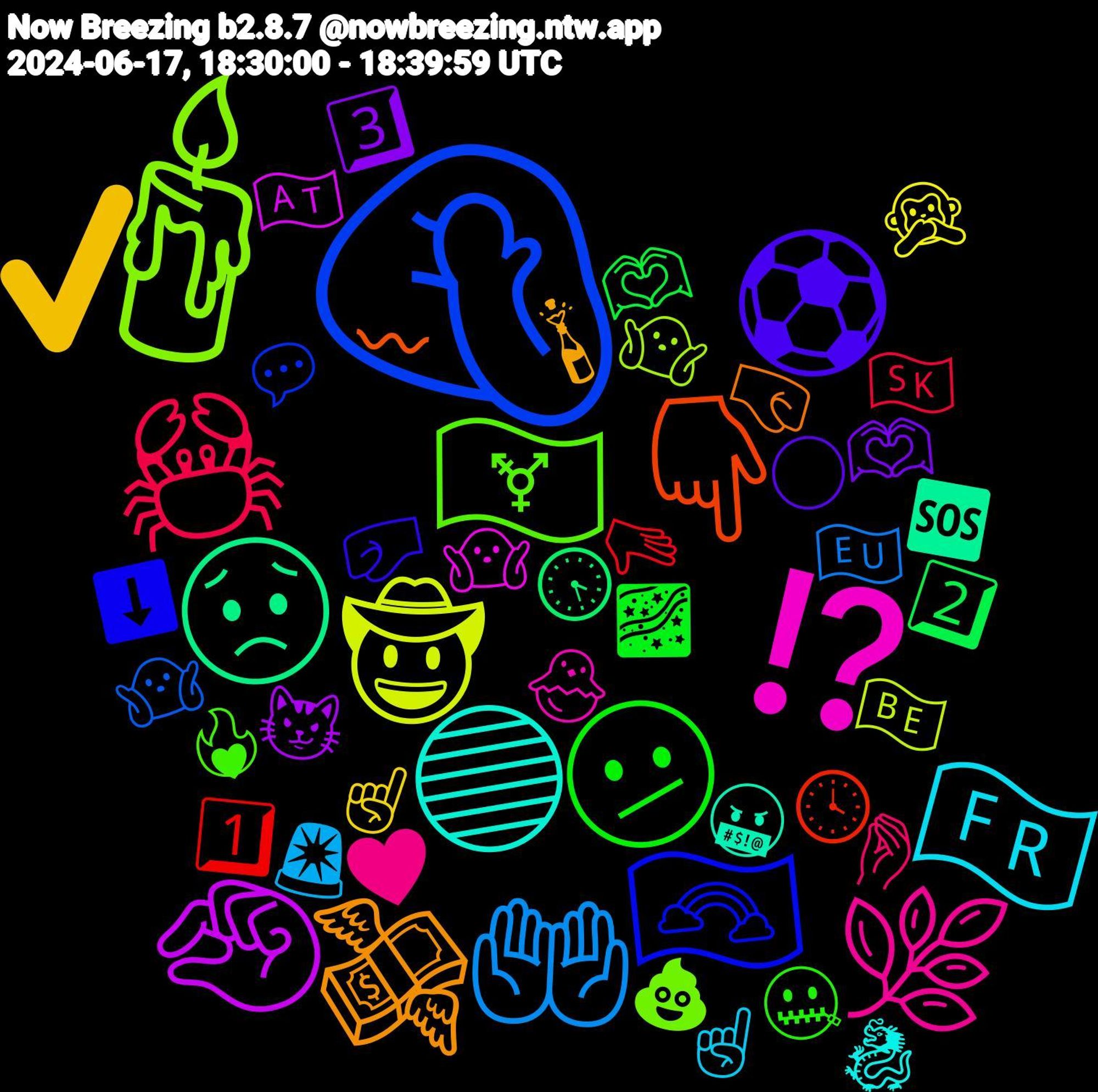 Emoji Cloud; its emojis (sorted by weighted frequency, descending):  🤦‍♀️, 🕯️, ⁉️, 🔵, 💸, ⚽, 🫤, 🦀, 🤲🏻, 🤠, 🤏🏻, 😟, 👇, 🏳️‍🌈, 🏳️‍⚧️, 🌿, 🇫🇷, ✔️, 🫶🏽, 🫶🏼, 🫳, 🤷🏼‍♀️, 🤷🏻‍♂️, 🤷‍♀️, 🤬, 🤜, 🤛, 🤐, 🤌, 🚨, 🙊, 😼, 🕟, 🕓, 💬, 💩, 🐣, 🐉, 🍾, 🌕, 🌌, 🇸🇰, 🇪🇺, 🇧🇪, 🇦🇹, 🆘, 〰, ⬇️, ❤️‍🔥, ♥️, ☝🏼, ☝🏻, 3️⃣, 2️⃣, 1️⃣