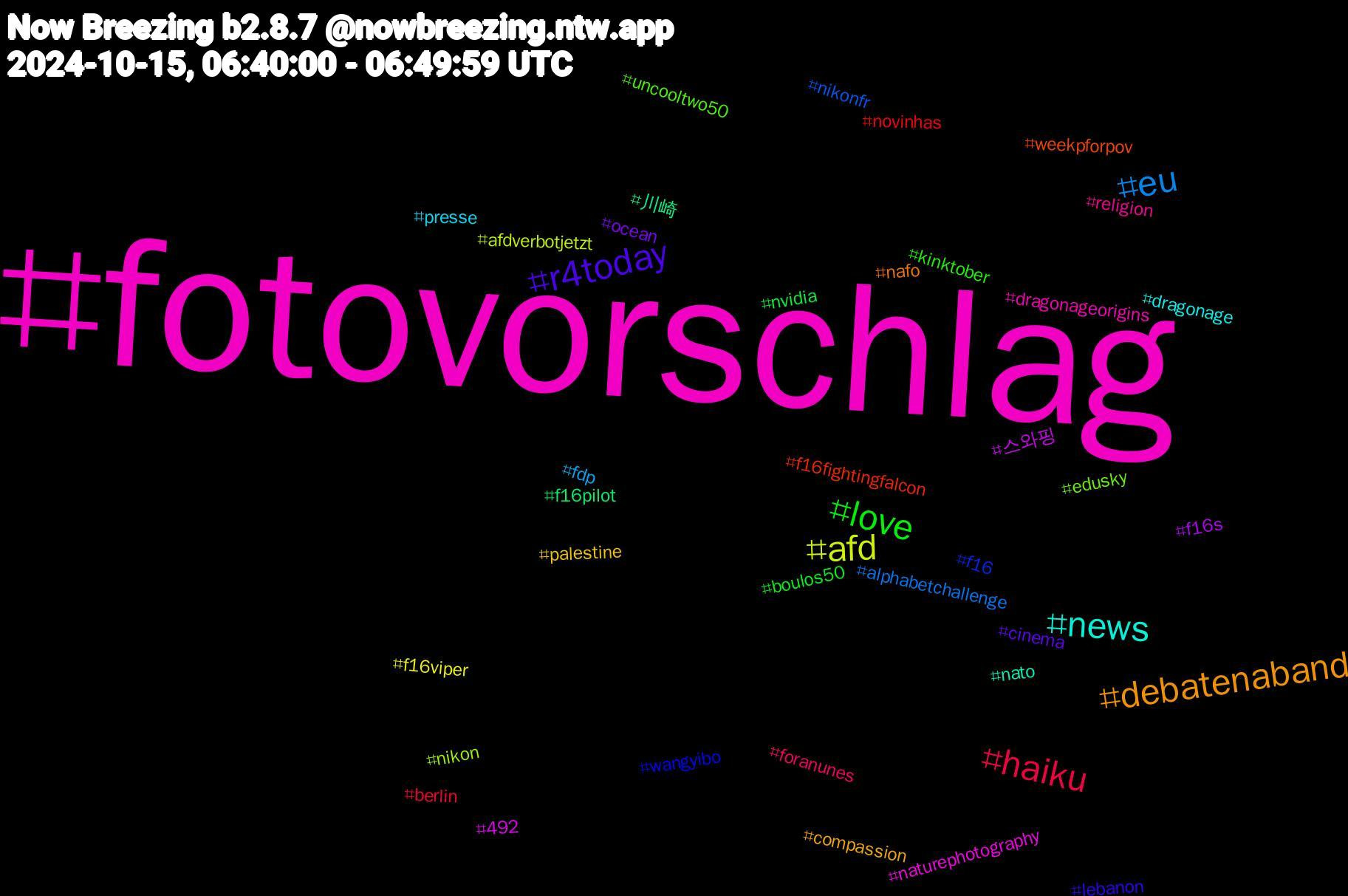 Hashtag Cloud; its hashtagged words/phrases (sorted by weighted frequency, descending):  fotovorschlag, news, debatenaband, r4today, love, haiku, eu, afd, 스와핑, 川崎, weekpforpov, wangyibo, uncooltwo50, religion, presse, palestine, ocean, nvidia, novinhas, nikonfr, nikon, naturephotography, nato, nafo, lebanon, kinktober, foranunes, fdp, f16viper, f16s, f16pilot, f16fightingfalcon, f16, edusky, dragonageorigins, dragonage, compassion, cinema, boulos50, berlin, alphabetchallenge, afdverbotjetzt, 492