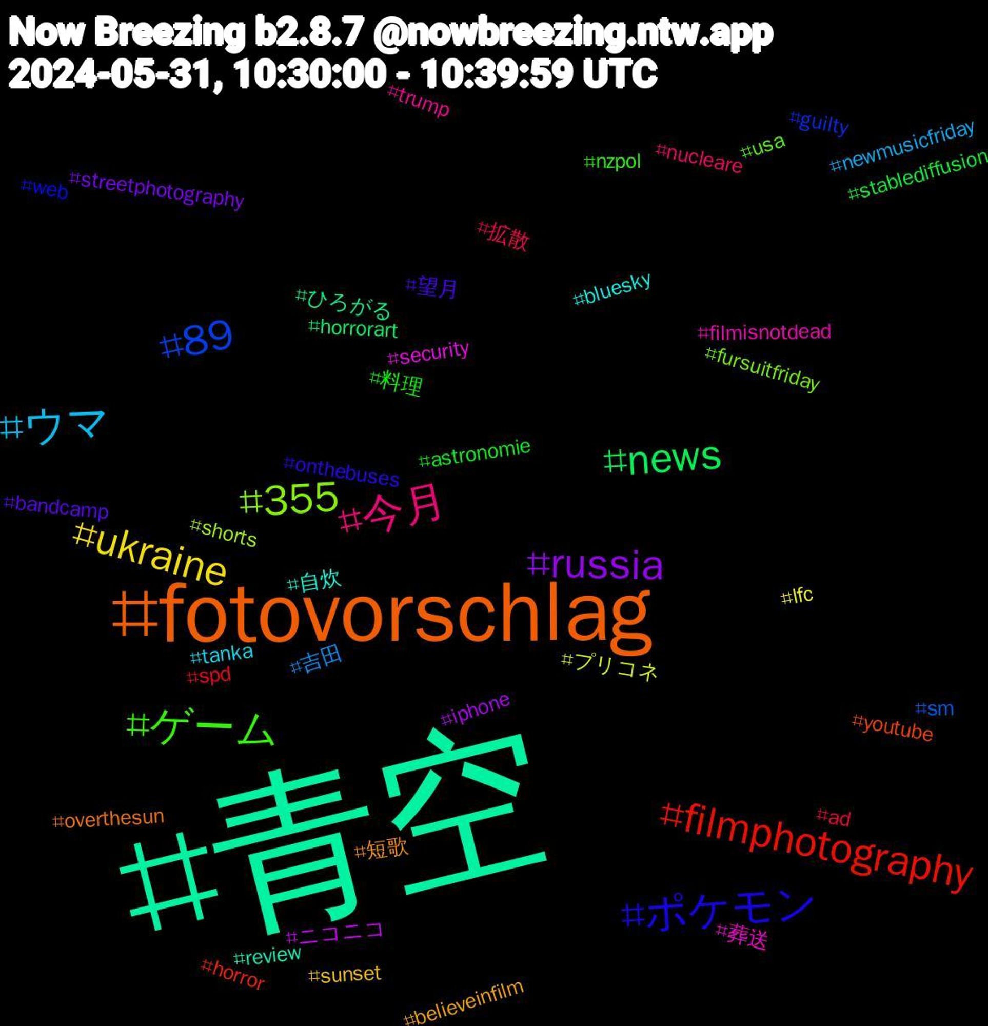 Hashtag Cloud; its hashtagged words/phrases (sorted by weighted frequency, descending):  青空, fotovorschlag, ポケモン, ゲーム, 今月, ウマ, ukraine, russia, news, filmphotography, 89, 355, 葬送, 自炊, 短歌, 望月, 料理, 拡散, 吉田, プリコネ, ニコニコ, ひろがる, youtube, web, usa, trump, tanka, sunset, streetphotography, stablediffusion, spd, sm, shorts, security, review, overthesun, onthebuses, nzpol, nucleare, newmusicfriday, lfc, iphone, horrorart, horror, guilty, fursuitfriday, filmisnotdead, bluesky, believeinfilm, bandcamp, astronomie, ad