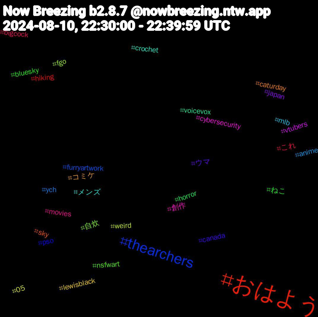 Hashtag Cloud; its hashtagged words/phrases (sorted by weighted frequency, descending):  おはよう, thearchers, 自炊, 創作, メンズ, コミケ, ウマ, ねこ, これ, ych, weird, vtubers, voicevox, sky, pso, nsfwart, movies, mlb, lewisblack, japan, horror, hiking, furryartwork, fgo, cybersecurity, crochet, caturday, canada, bluesky, bigcock, anime, 05