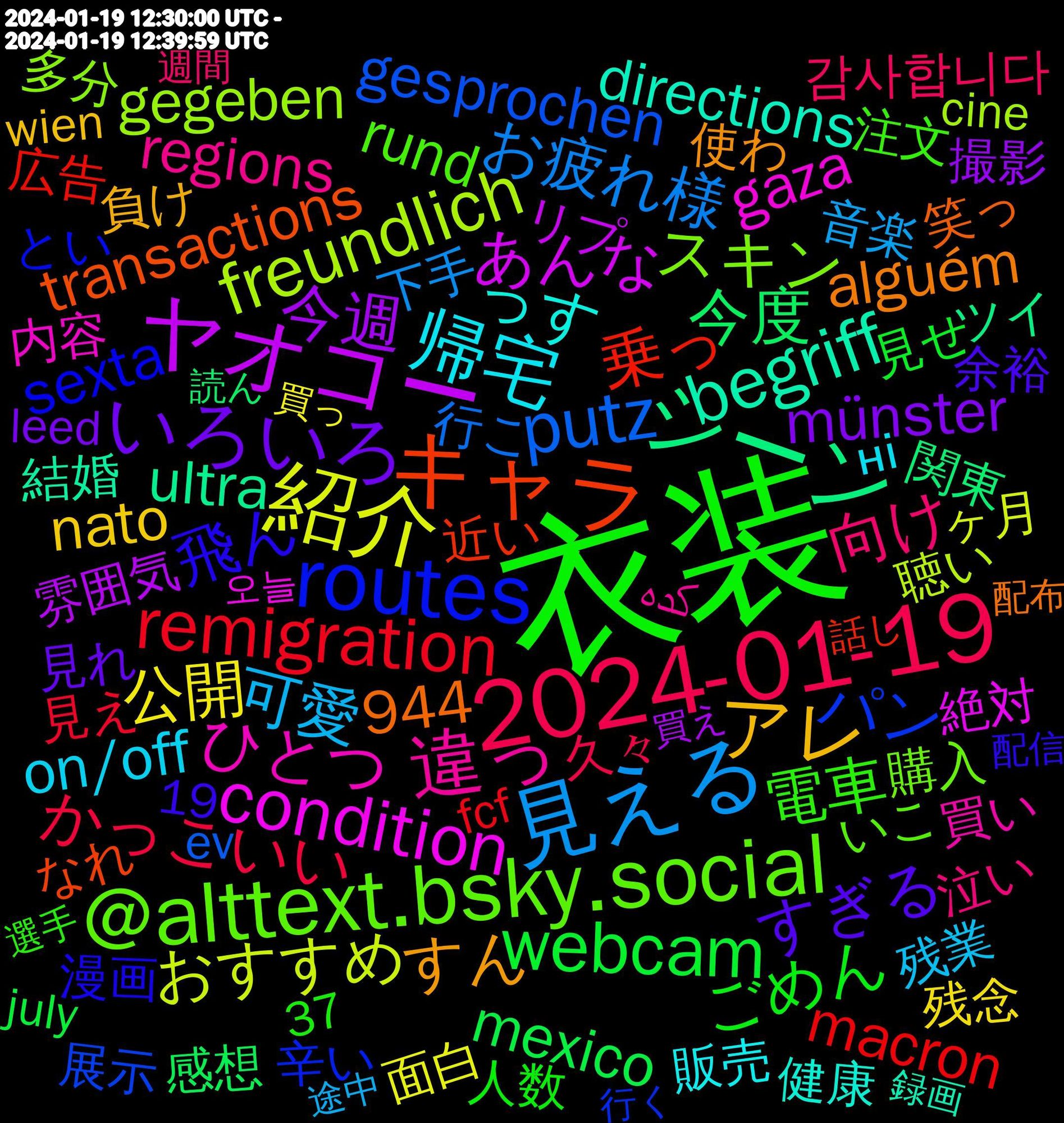 Word Cloud; its top words (sorted by weighted frequency, descending):  衣装, 2024-01-19, 見える, 紹介, ヤオコー, シーン, キャラ, routes, @alttext.bsky.social, 違っ, 帰宅, アレ, いろいろ, webcam, remigration, putz, freundlich, condition, begriff, 飛ん, 電車, 向け, 可愛, 公開, 今週, 今度, 乗っ, パン, スキン, ひとつ, っす, すん, すぎる, ごめん, かっこいい, お疲れ様, おすすめ, あんな, ultra, transactions, sexta, rund, regions, on/off, nato, münster, mexico, macron, gesprochen, gegeben, gaza, directions, alguém, 944, 감사합니다, 音楽, 面白, 雰囲気, 関東, 近い, 辛い, 購入, 買い, 販売, 負け, 見れ, 見せ, 見え, 行こ, 聴い, 絶対, 結婚, 笑っ, 漫画, 注文, 泣い, 残業, 残念, 撮影, 感想, 広告, 展示, 多分, 内容, 健康, 使わ, 余裕, 今夜, 人数, 久々, 下手, 上がっ, ヶ月, ワクワク, ワイン, レッド, リプ, ライブ, ネット, ツイ, チーズ, セット, スタバ, ゴールデンカムイ, コラボ, ギリギリ, イメージ, ゆっくり, もちろん, みんな, びっくり, なれ, どんな, どれ, とい, だいぶ, じゃん, しかも, きれ, お金, おかげ, ええ, うまい, いこ, كده, ні, öfter, youtu, workshop, wiener, wien, wechseln, warmth, viene, triple, transport, tamam, série, squirtle, snow, seiten, sannie, produkte, neige, mierda, meters, mainstream, lijkt, leed, kirche, july, inches, hören, hulk, hendrik, gehören, friday, freeze, fcf, ev, erkennen, entertainment, economists, concepteur, cine, chilly, borders, bolas, beitrag, augen, asian, arzneimittel, allons, aku, 37, 19, 오늘, 금요극장, 面白い, 録画, 配布, 配信, 選手, 週間, 途中, 軍曹, 距離, 足り, 趣味, 買っ, 買え, 読ん, 誕生, 話し, 評価, 言葉, 言える, 見れる, 行動, 行く