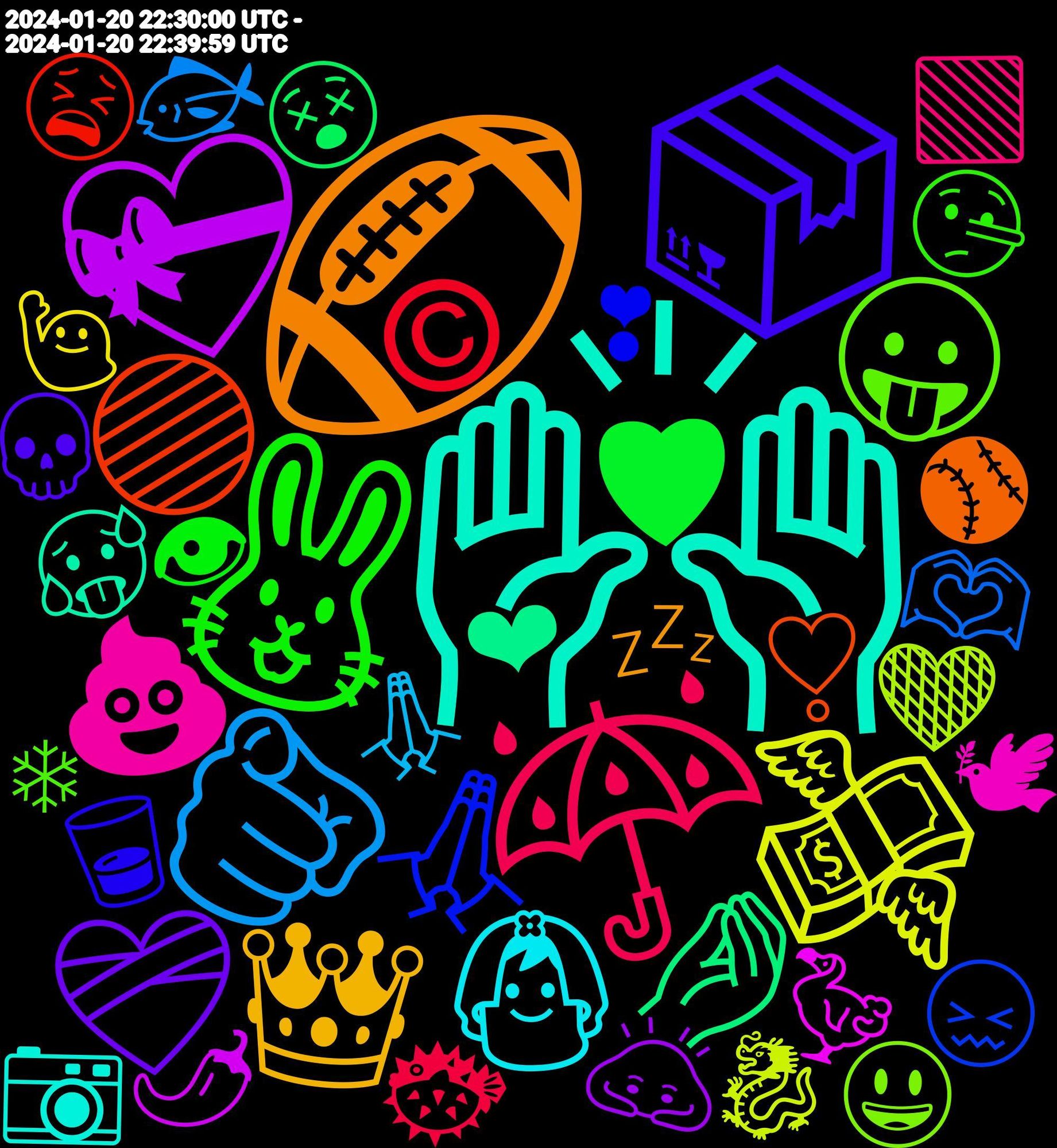 Emoji Cloud; its emojis (sorted by weighted frequency, descending):  🙌🏼, 🏈, 📦, 🐰, ☔, 🫵, 💸, 💝, 💃, 🐷, 🐱, 🤌, 🟣, 🙏🏼, 😛, 💩, 👰, 👑, 👏🏼, 🎞️, ❤️‍🩹, ♥, ©, 🫶🏼, 🧡, 🦤, 🥵, 🥎, 🥃, 🤥, 🟩, 🙏🏽, 🙋‍♂️, 🙇, 😵, 😫, 😖, 😍, 😈, 😃, 🖤, 🕊, 📷, 💪🏻, 💤, 💕, 💐, 💋, 💀, 👄, 👁, 🐡, 🐠, 🐟, 🐝, 🐉, 🐇, 🏐, 🎨, 🌶️, 🌈, ⬛, ❤, ❣️, ❣, ❄